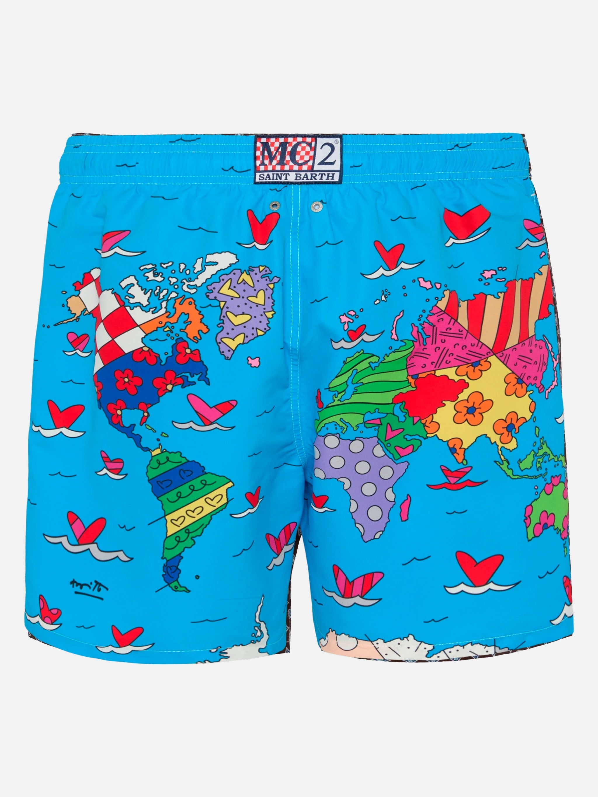 Mid-Length Gustavia Swim-Shorts With Britto World Placed Print| Special Edition Blue Swimshort