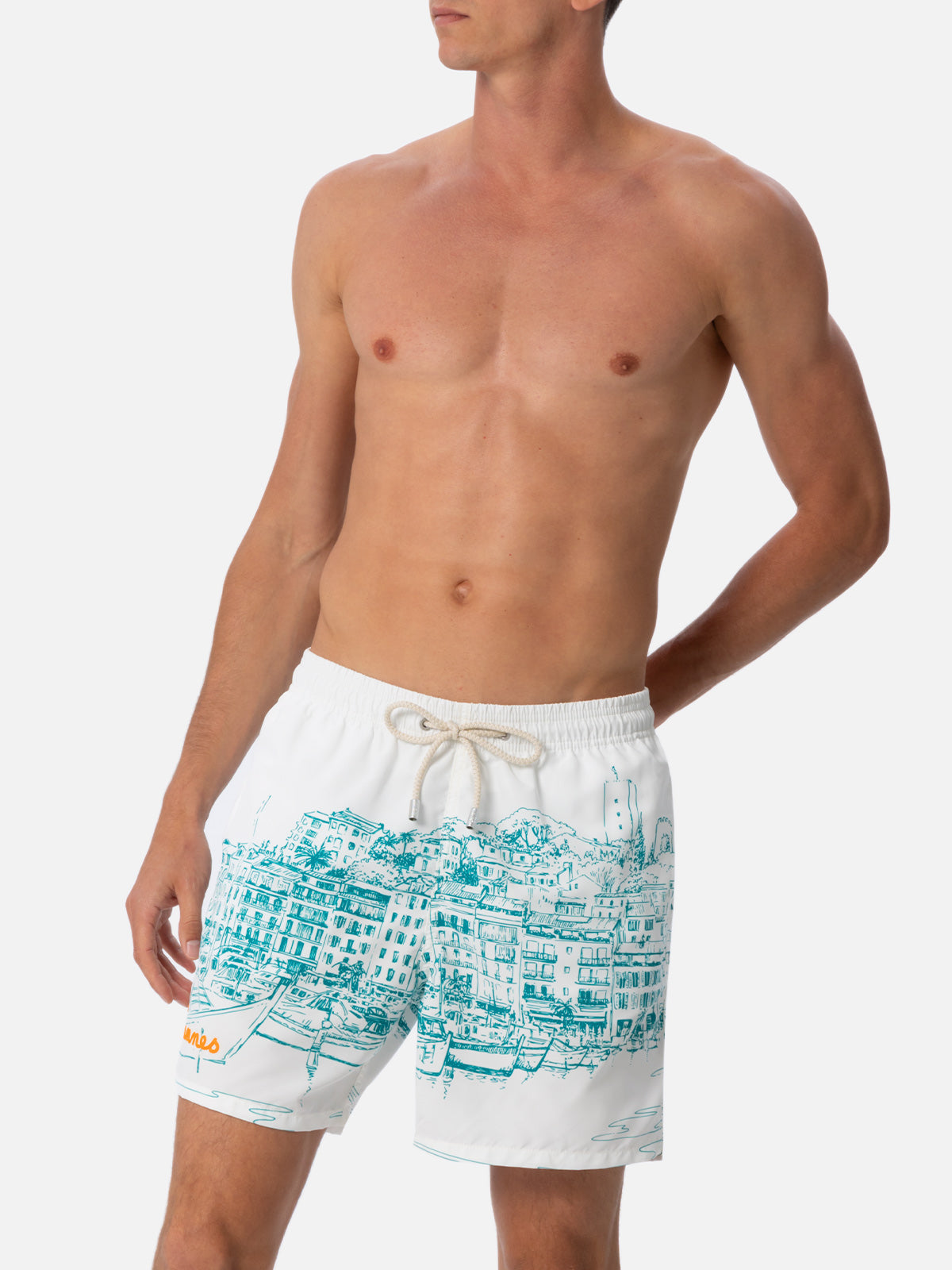 Mid-Length Gustavia Swim-Shorts With Cannes Placed Print White Swimshort