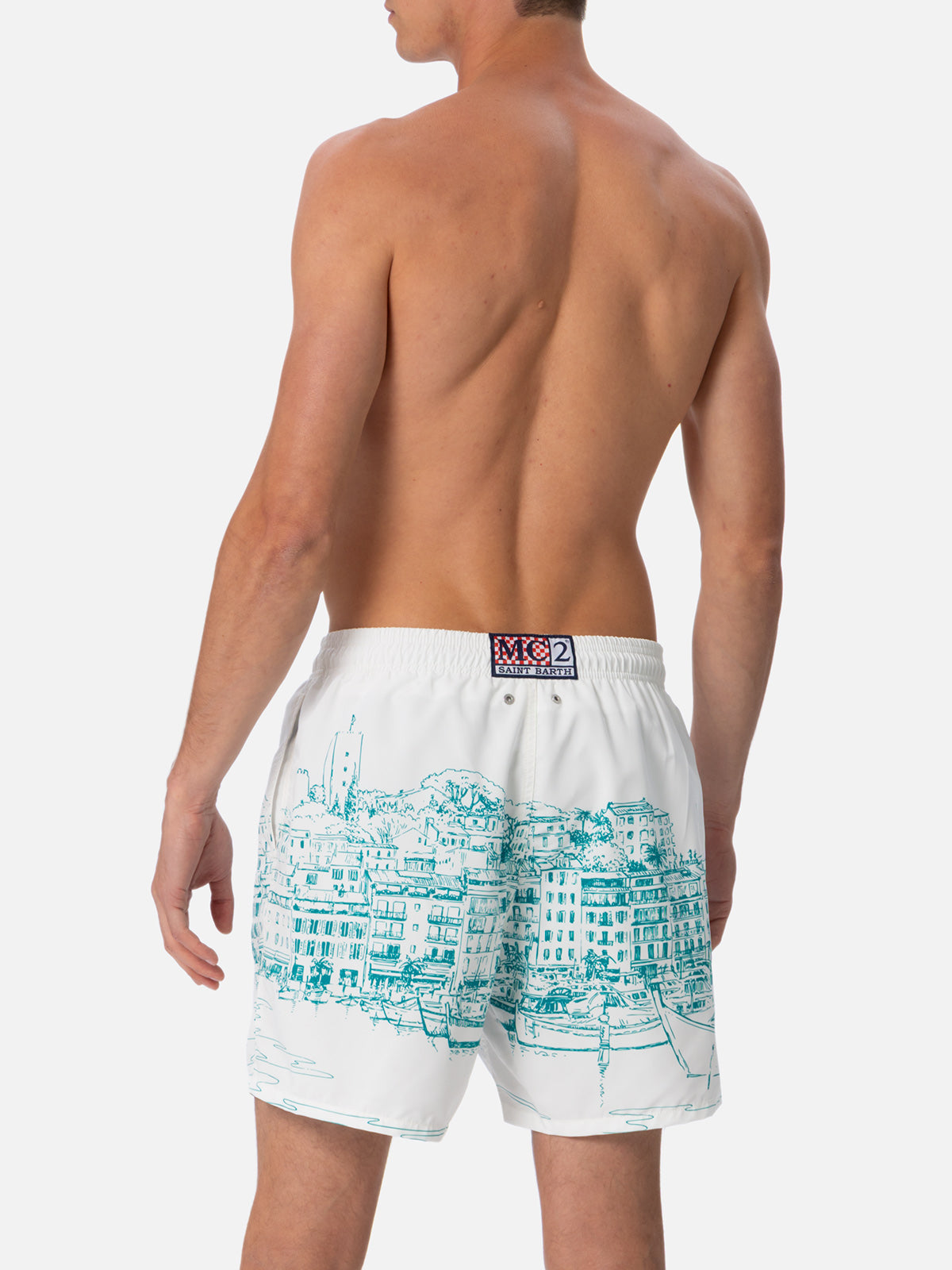 Mid-Length Gustavia Swim-Shorts With Cannes Placed Print White Swimshort