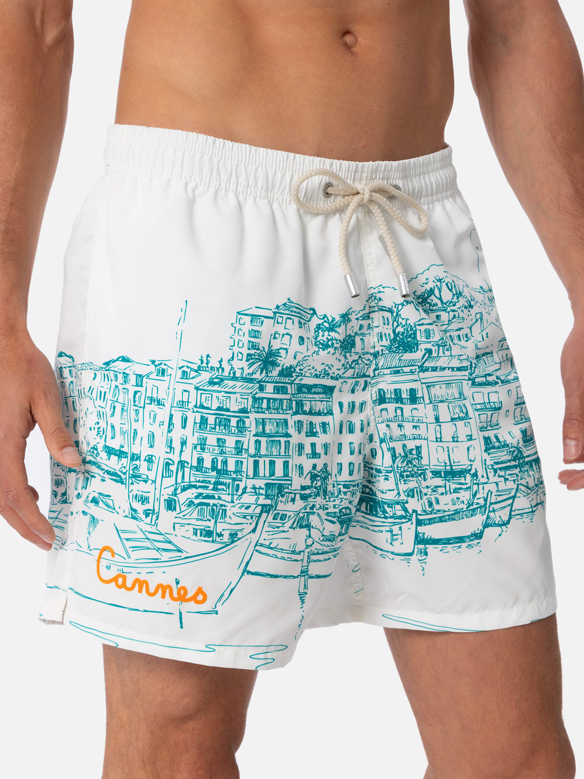 Mid-Length Gustavia Swim-Shorts With Cannes Placed Print White Swimshort