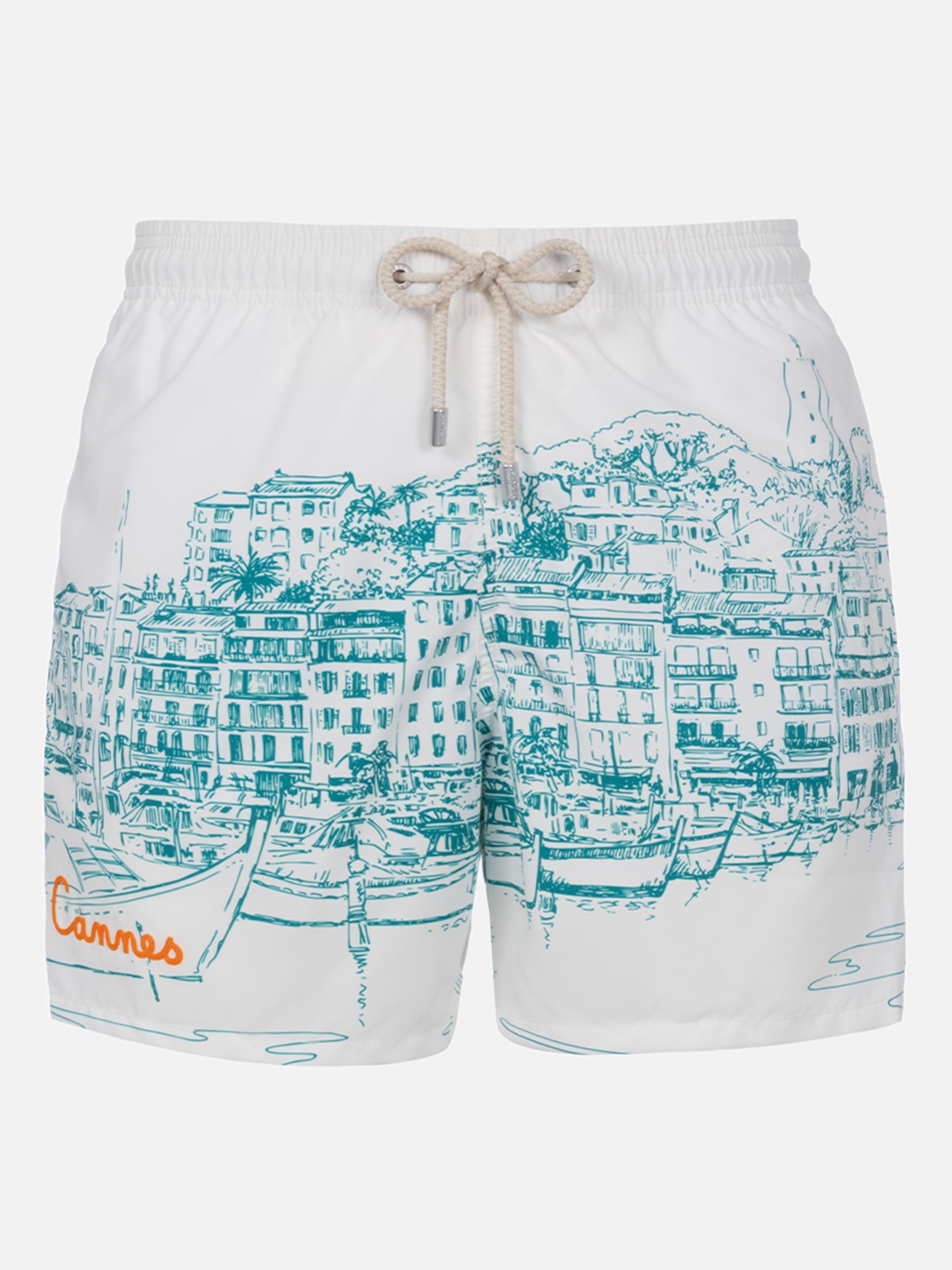 Mid-Length Gustavia Swim-Shorts With Cannes Placed Print White Swimshort