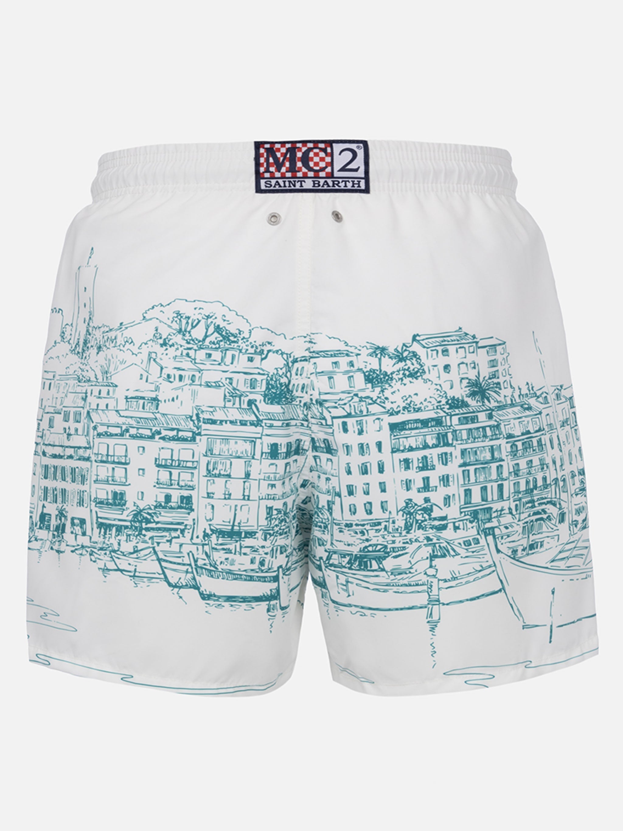 Mid-Length Gustavia Swim-Shorts With Cannes Placed Print White Swimshort