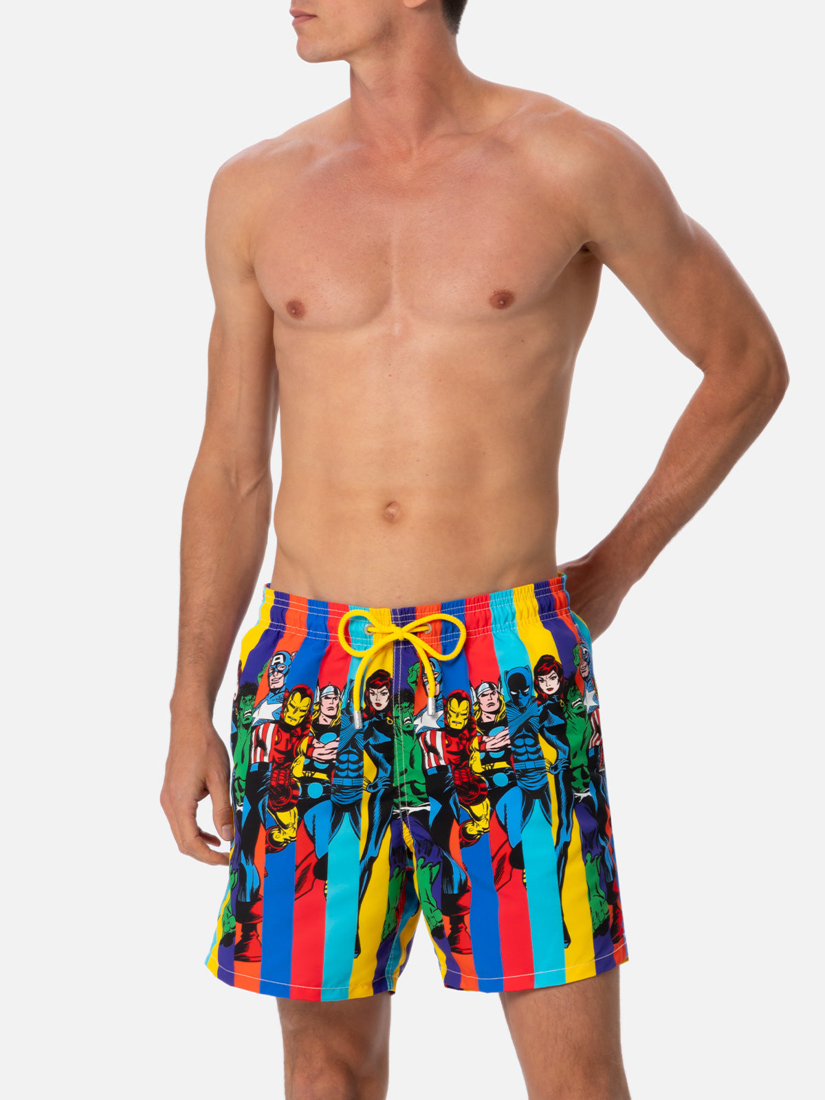 Man Mid-Length Gustavia Swim-Shorts With Marvel Characters Placed Print| Special Edition White Swimshort