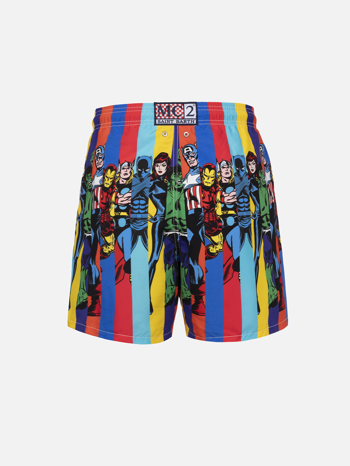 Man Mid-Length Gustavia Swim-Shorts With Marvel Characters Placed Print| Special Edition White Swimshort
