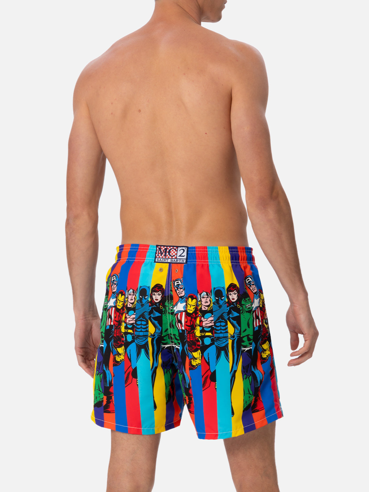 Man Mid-Length Gustavia Swim-Shorts With Marvel Characters Placed Print| Special Edition White Swimshort
