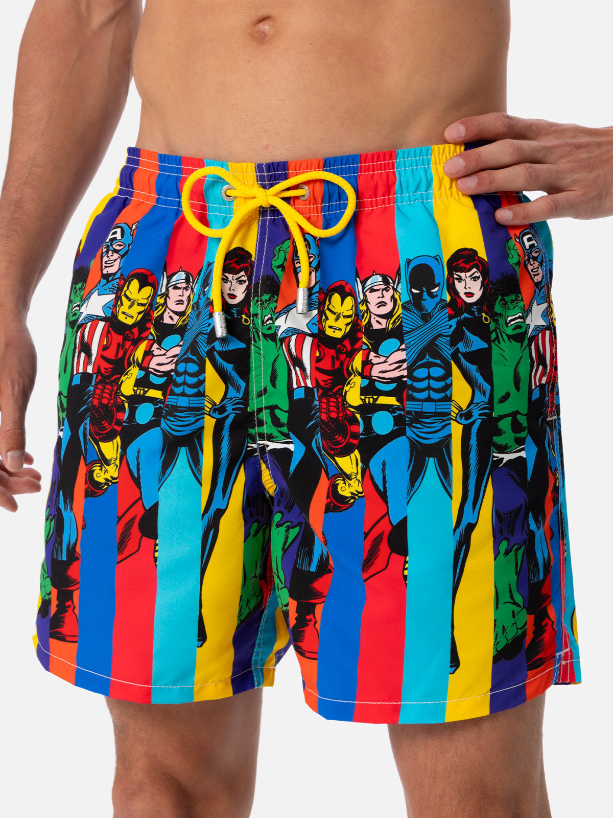 Man Mid-Length Gustavia Swim-Shorts With Marvel Characters Placed Print| Special Edition White Swimshort