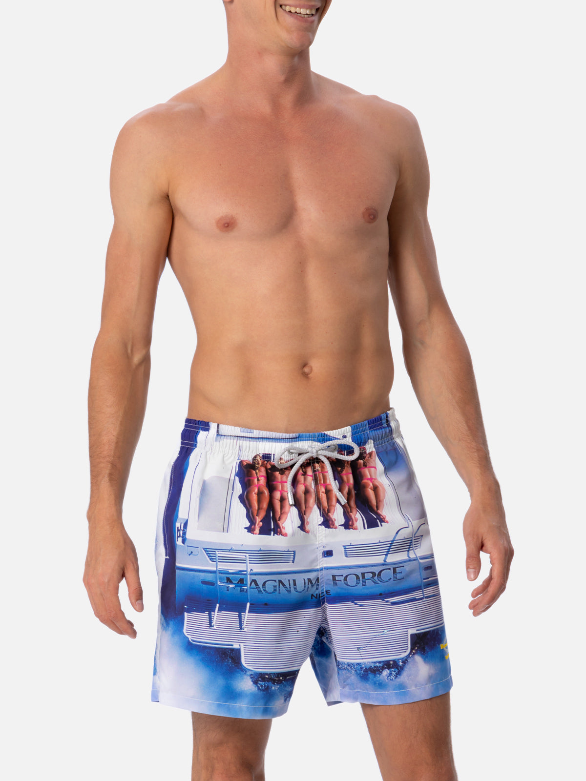 Man Mid-Length Gustavia Swim-Shorts With Placed Print| Magnum Marine Special Edition White Swimshort