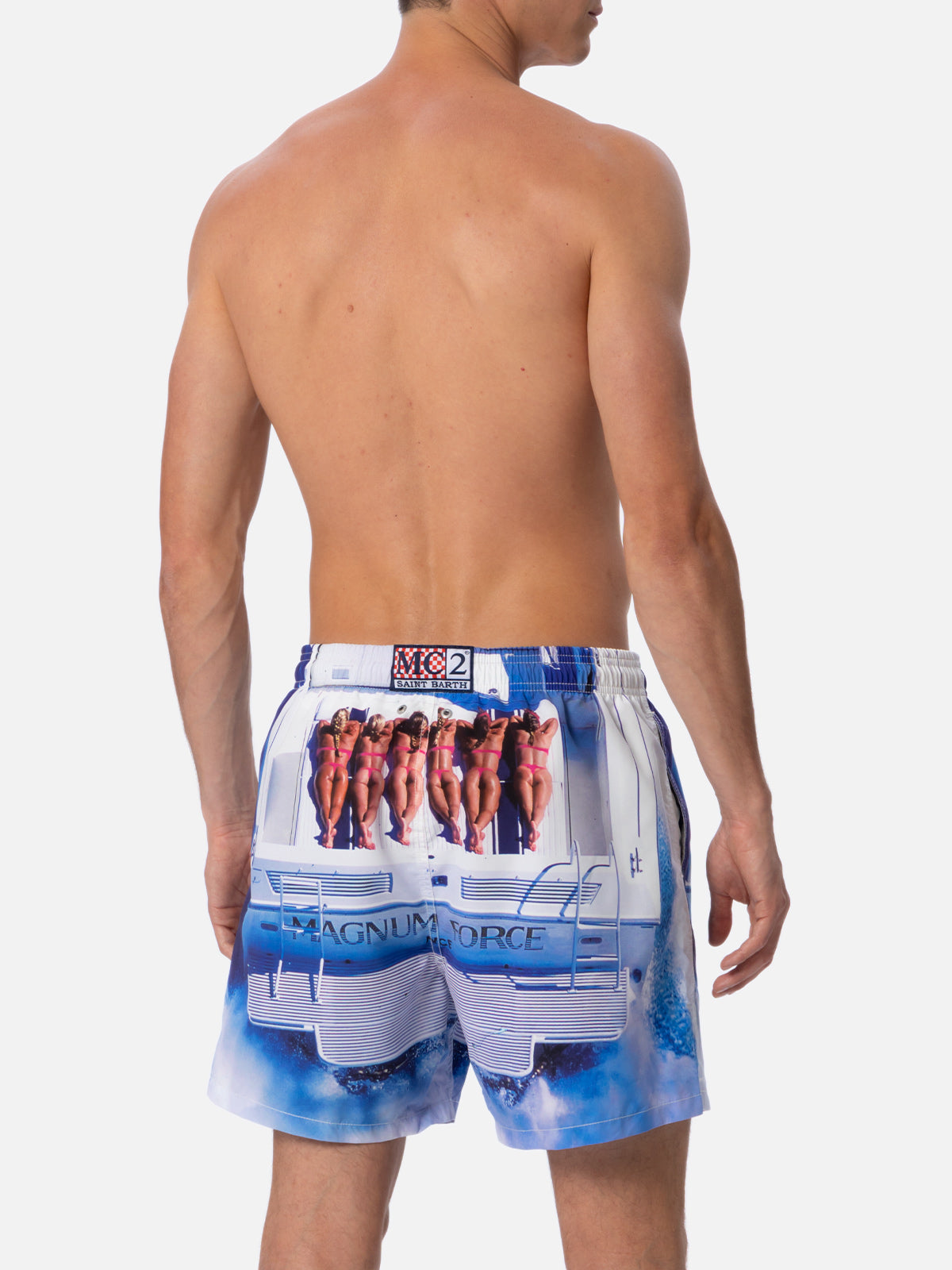 Man Mid-Length Gustavia Swim-Shorts With Placed Print| Magnum Marine Special Edition White Swimshort
