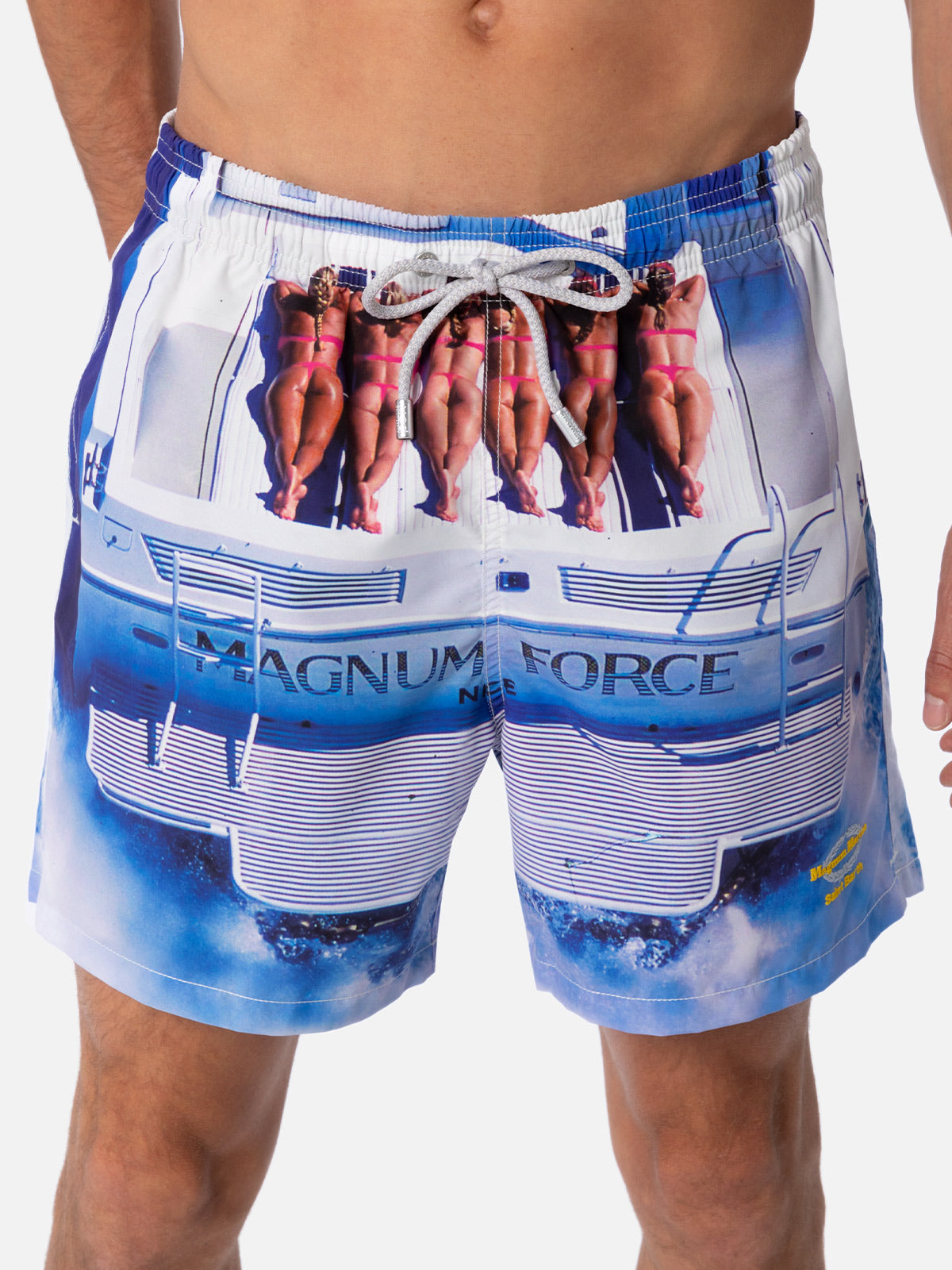 Man Mid-Length Gustavia Swim-Shorts With Placed Print| Magnum Marine Special Edition White Swimshort