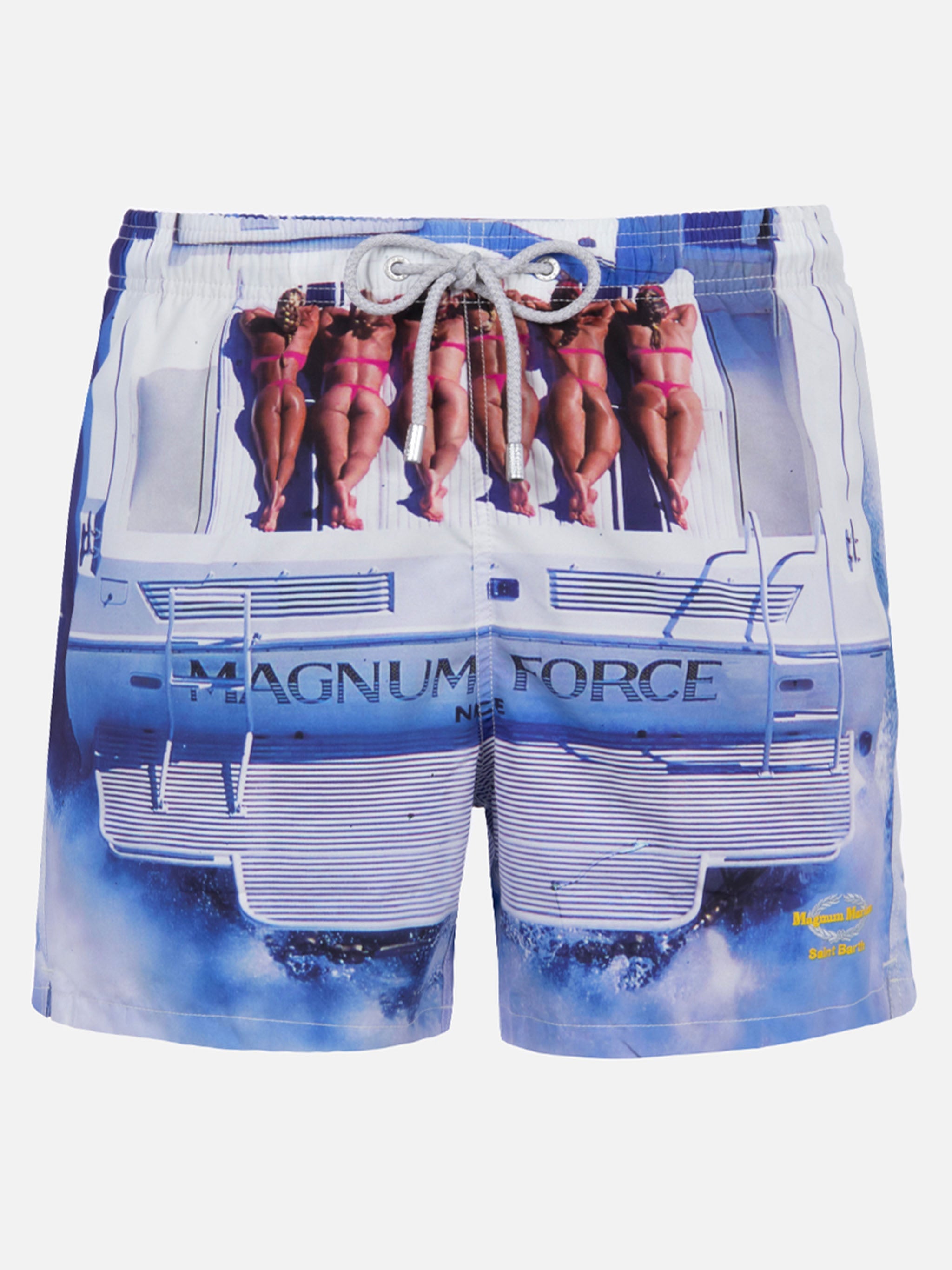 Man Mid-Length Gustavia Swim-Shorts With Placed Print| Magnum Marine Special Edition White Swimshort