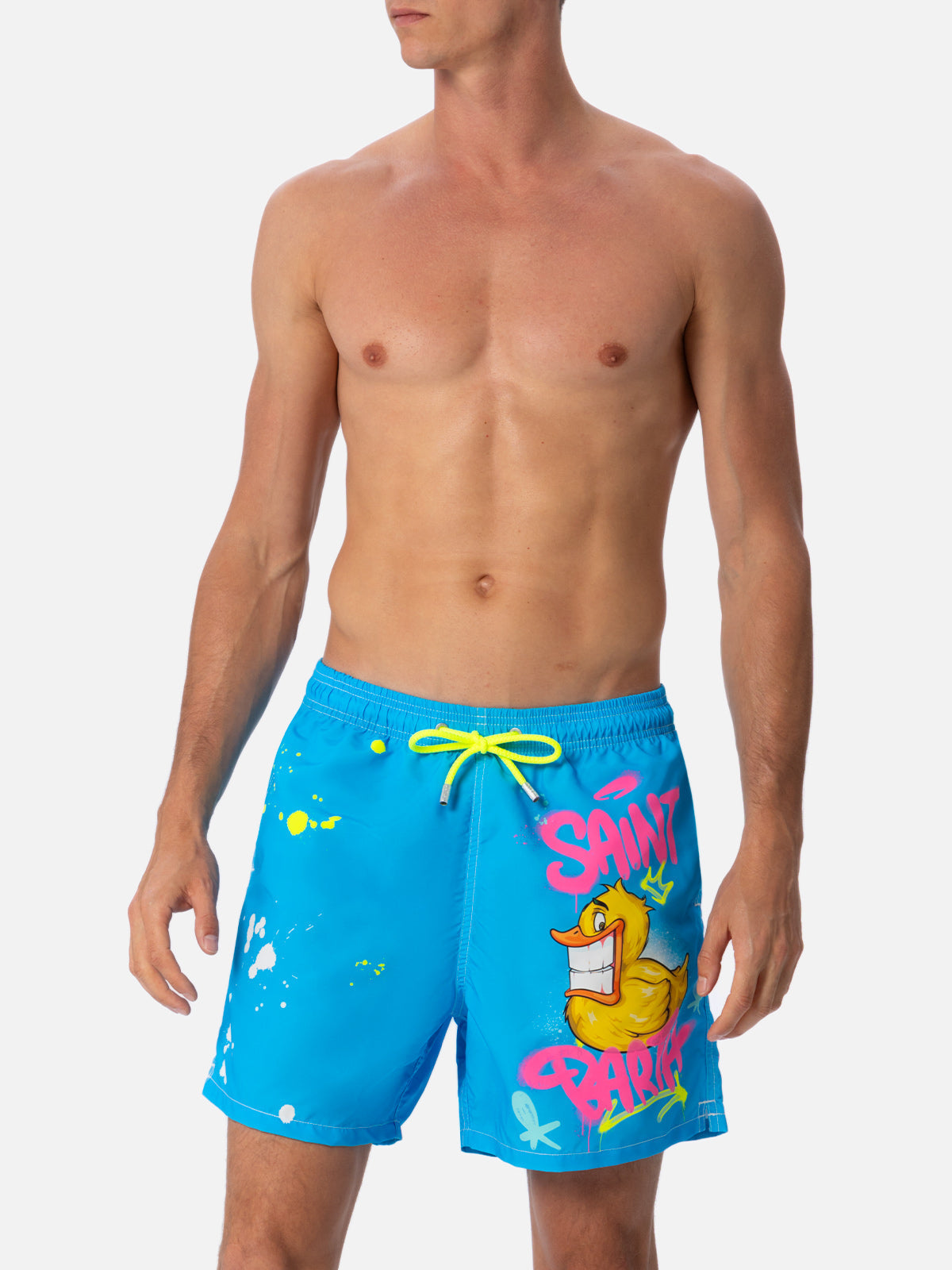 Man Mid-Length Gustavia Swim-Shorts With Ducky Cryptopuppets Placed Print| Special Edition Sky Swimshort