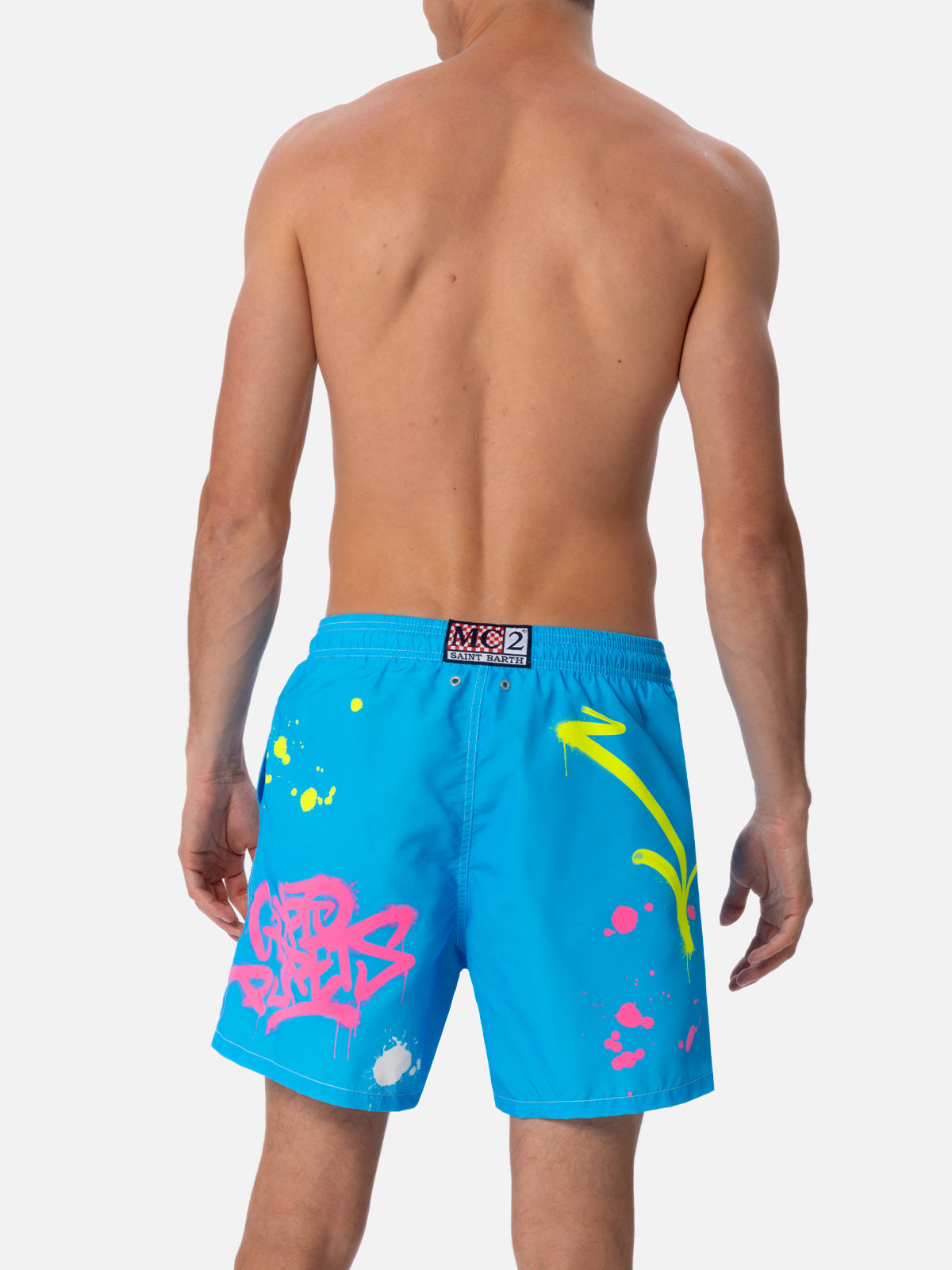 Man Mid-Length Gustavia Swim-Shorts With Ducky Cryptopuppets Placed Print| Special Edition Sky Swimshort