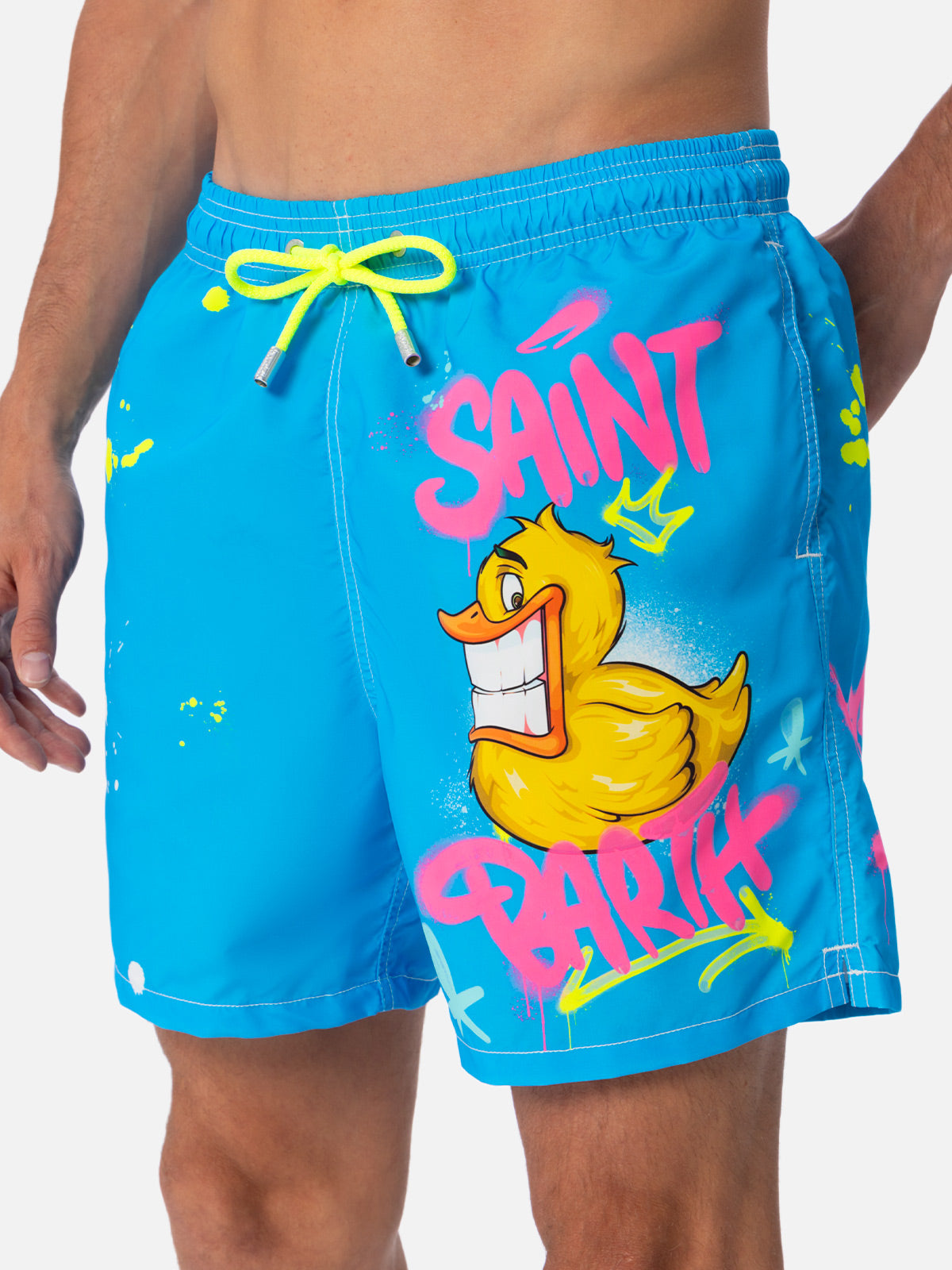 Man Mid-Length Gustavia Swim-Shorts With Ducky Cryptopuppets Placed Print| Special Edition Sky Swimshort