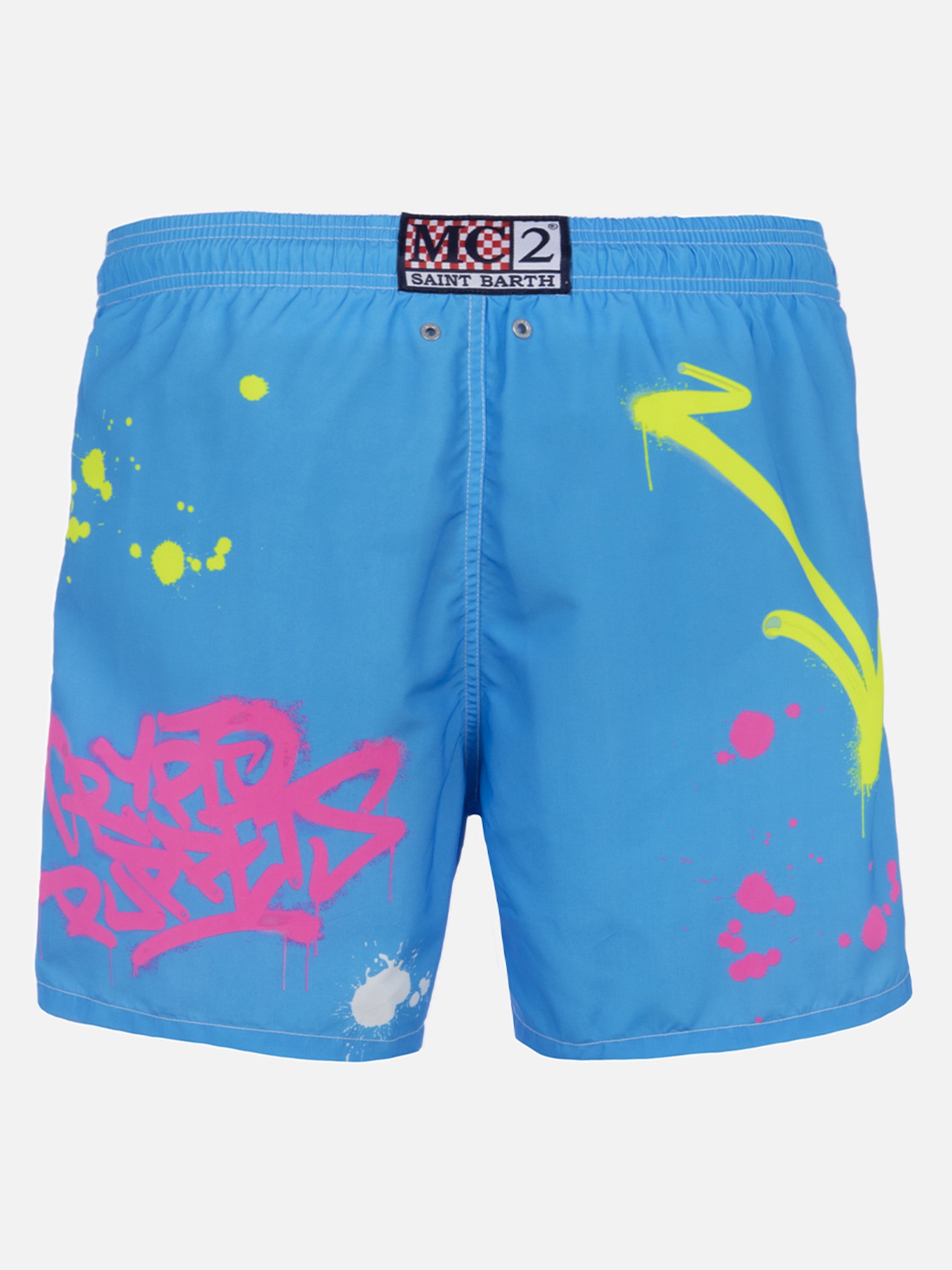 Man Mid-Length Gustavia Swim-Shorts With Ducky Cryptopuppets Placed Print| Special Edition Sky Swimshort
