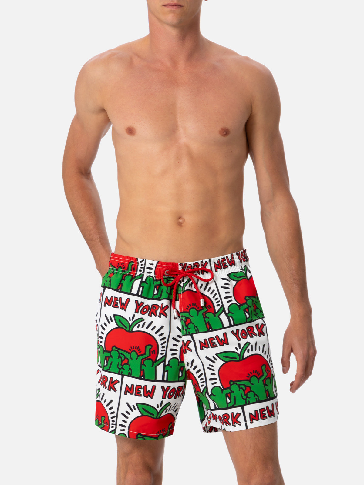 Man Mid-Length Gustavia Swim-Shorts With Keith Haring Design Placed Print| Special Edition White Swimshort