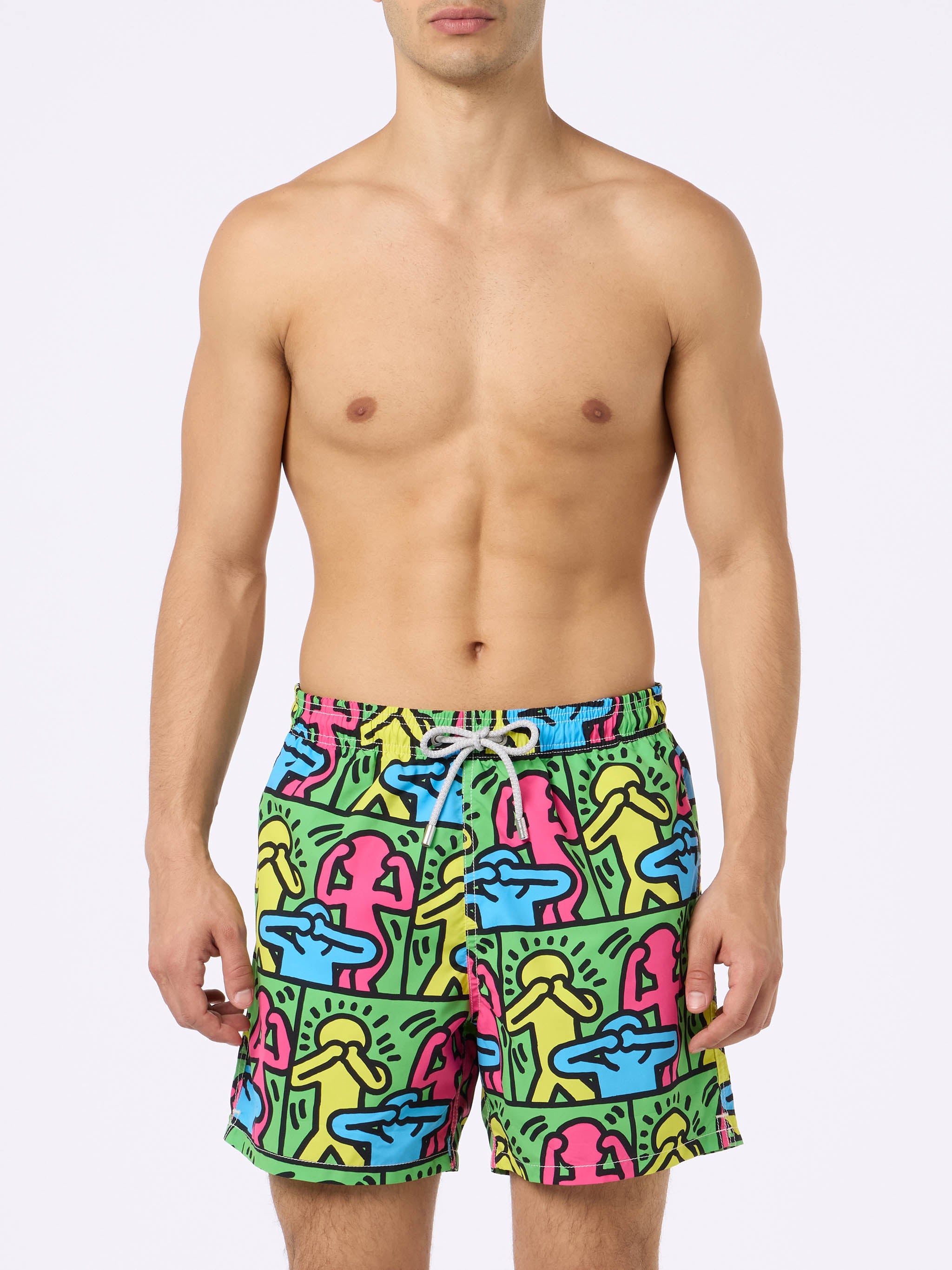 Man Mid-Length Gustavia Swim-Shorts With Keith Haring Design Placed Print| Special Edition Green Swimshort