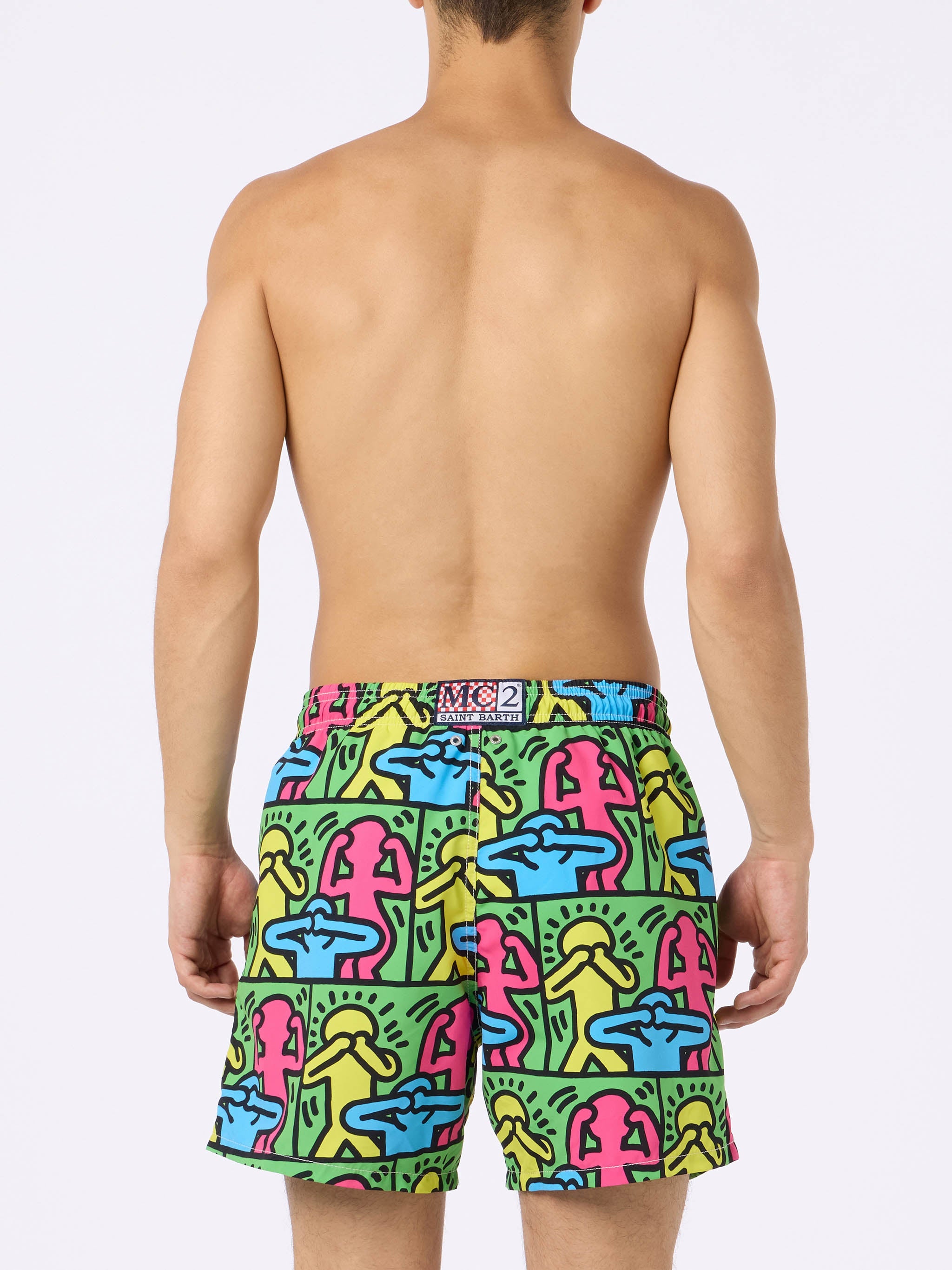 Man Mid-Length Gustavia Swim-Shorts With Keith Haring Design Placed Print| Special Edition Green Swimshort