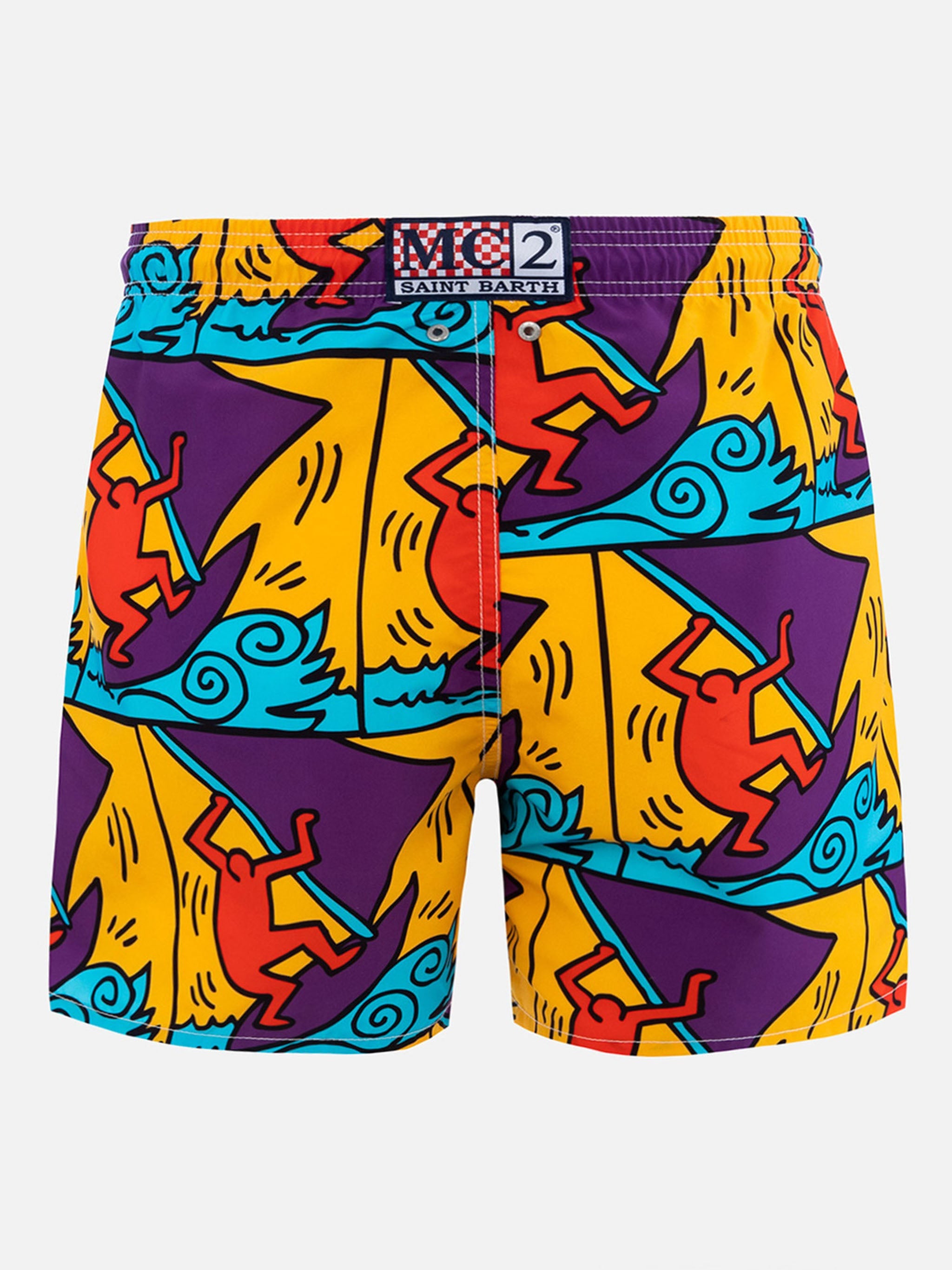 Man Mid-Length Gustavia Swim-Shorts With Keith Haring Design Placed Print| Special Edition Yellow Swimshort