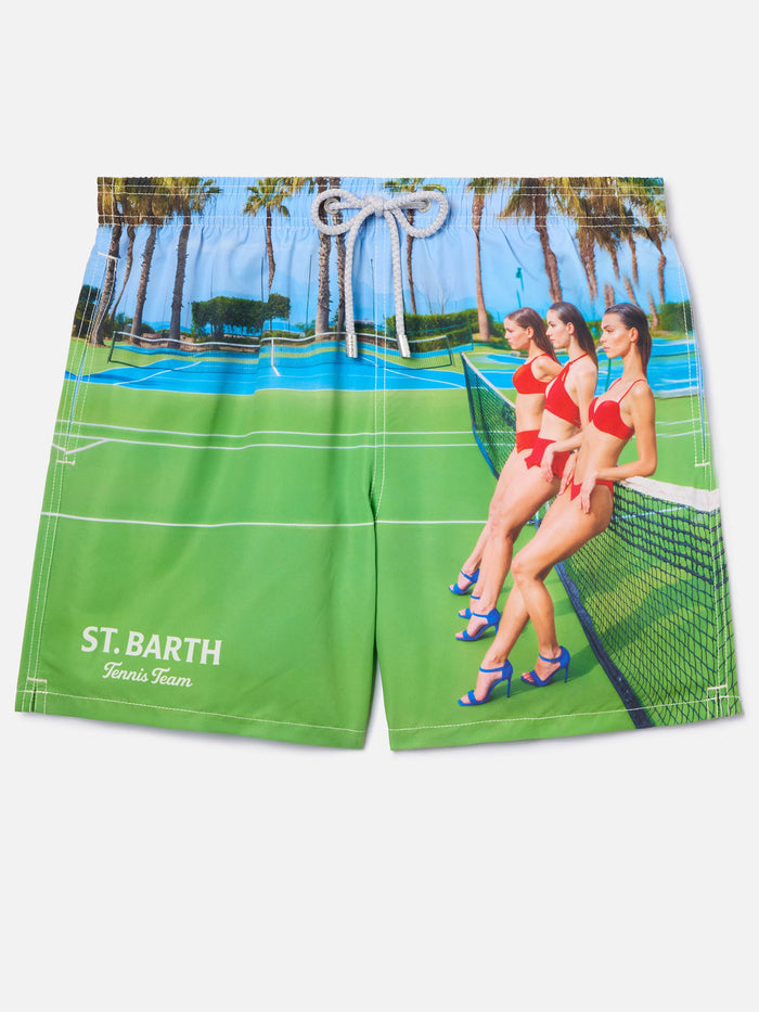 Gustavia Swim Shorts With St. Barth Tennis Print | Special Edition White Swimshort