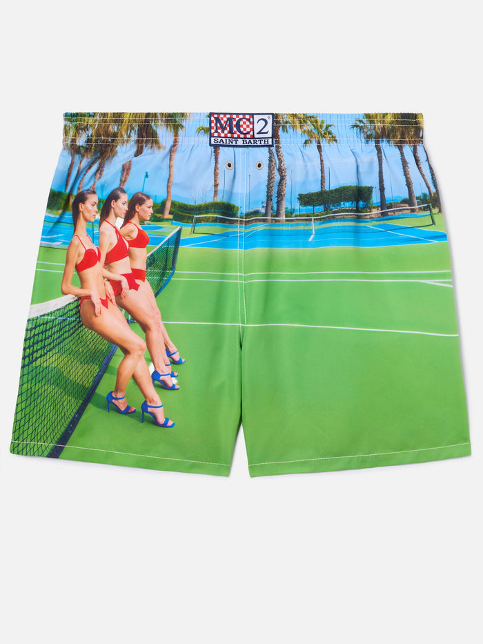 Gustavia Swim Shorts With St. Barth Tennis Print | Special Edition White Swimshort