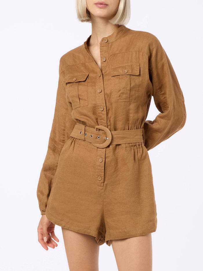 Camel Hanniel Linen Playsuit Brown Overalls