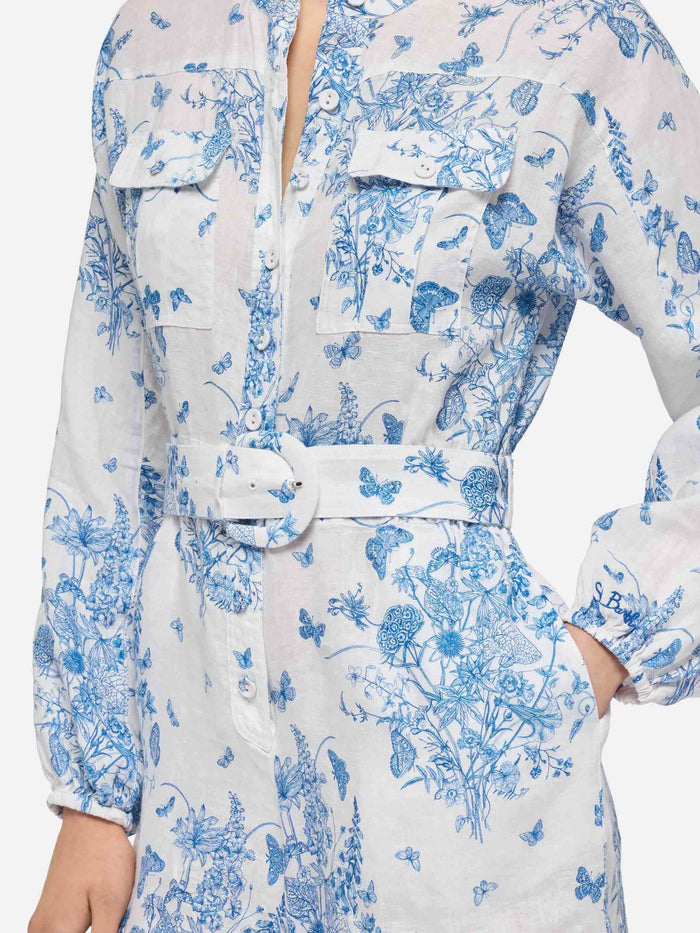Hanniel Linen Playsuit With Butterfly Toile De Jouy Print Blue Overalls