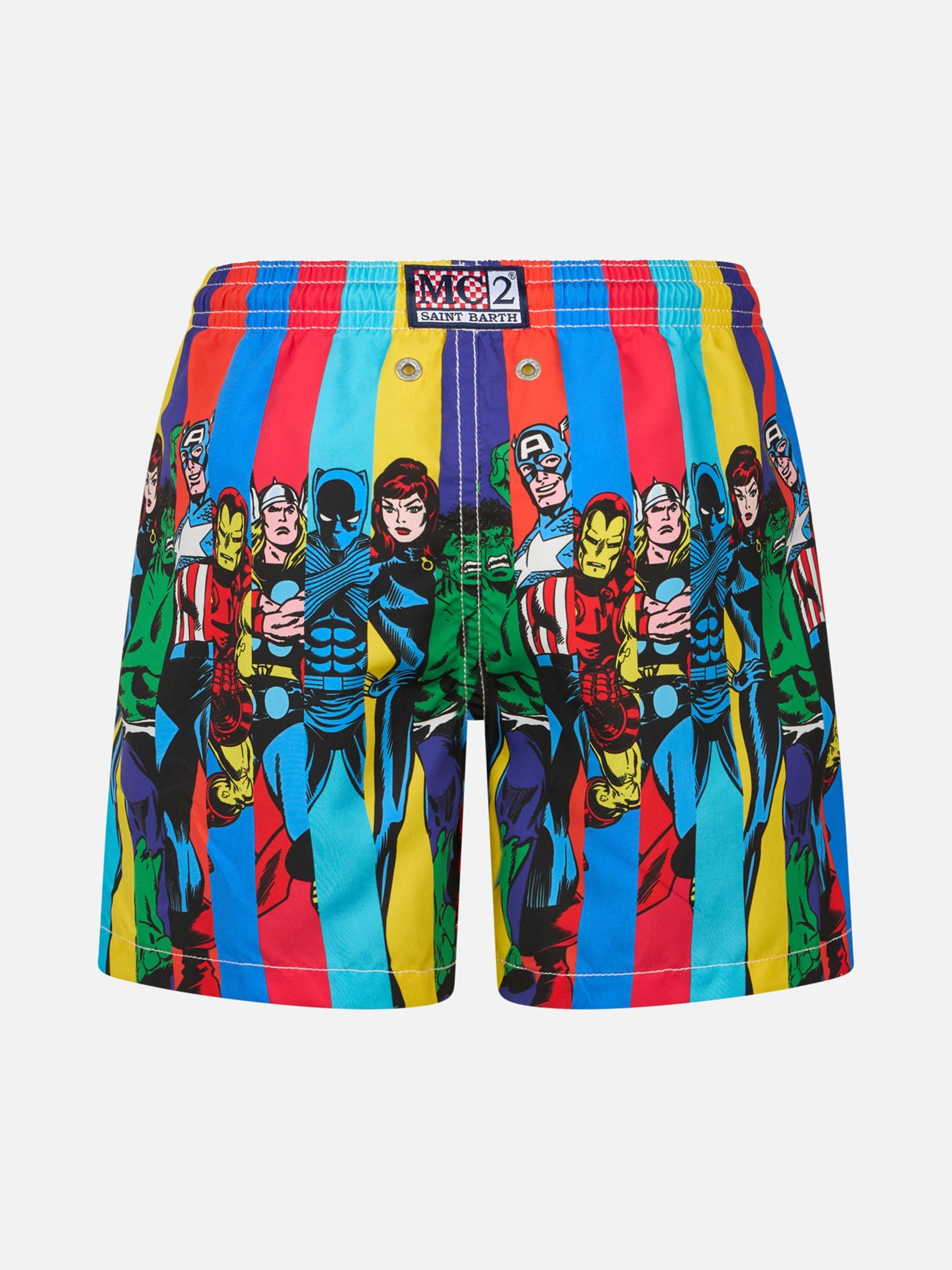 Boy Mid-Length Haiti Swim-Shorts With Marvel Superheroes Placed Print | Special Edition White Swimshort