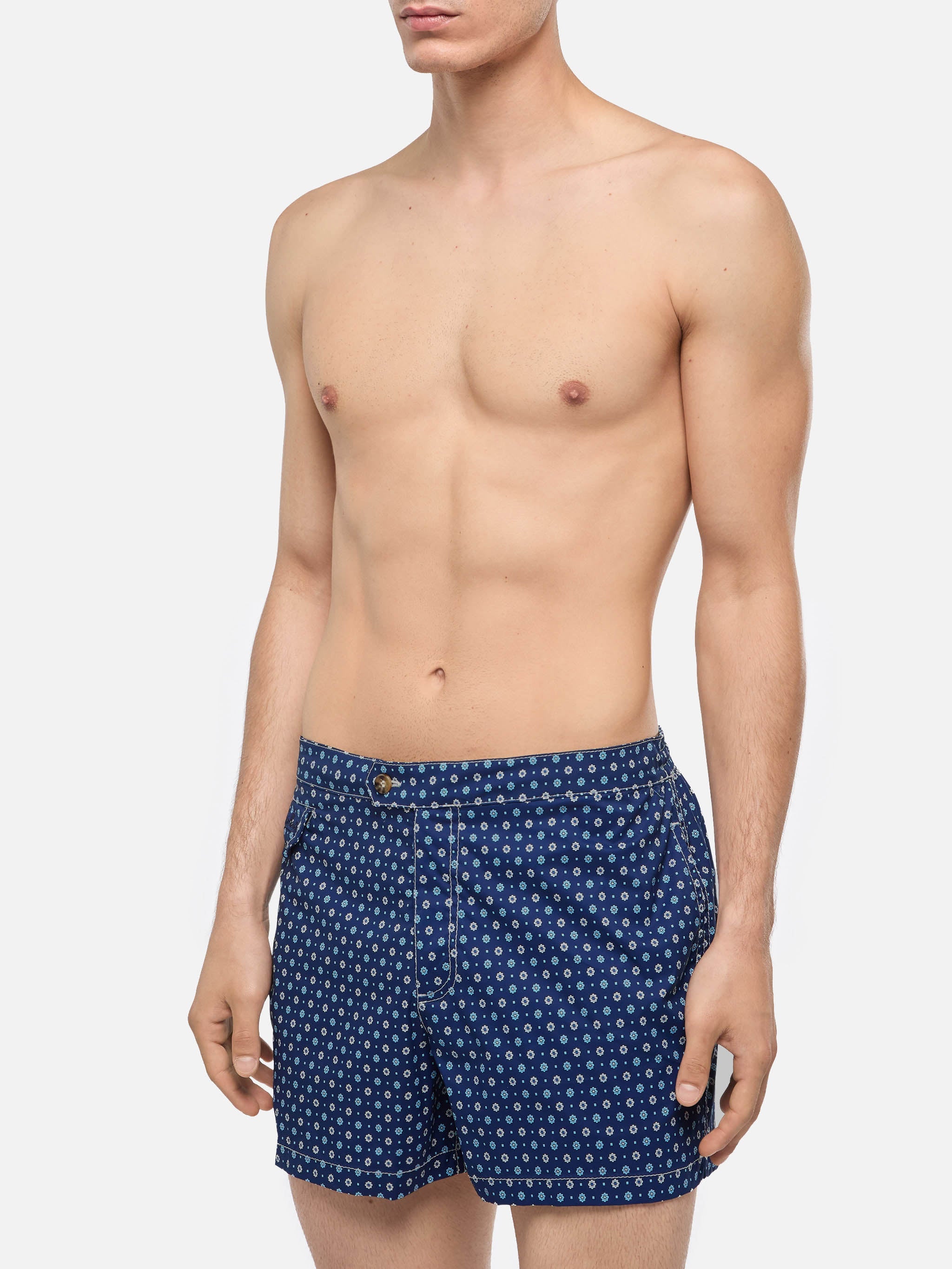 Harrys Fitted Cut Swim Shorts With Flower Tie Print Blue Navy Swimshort