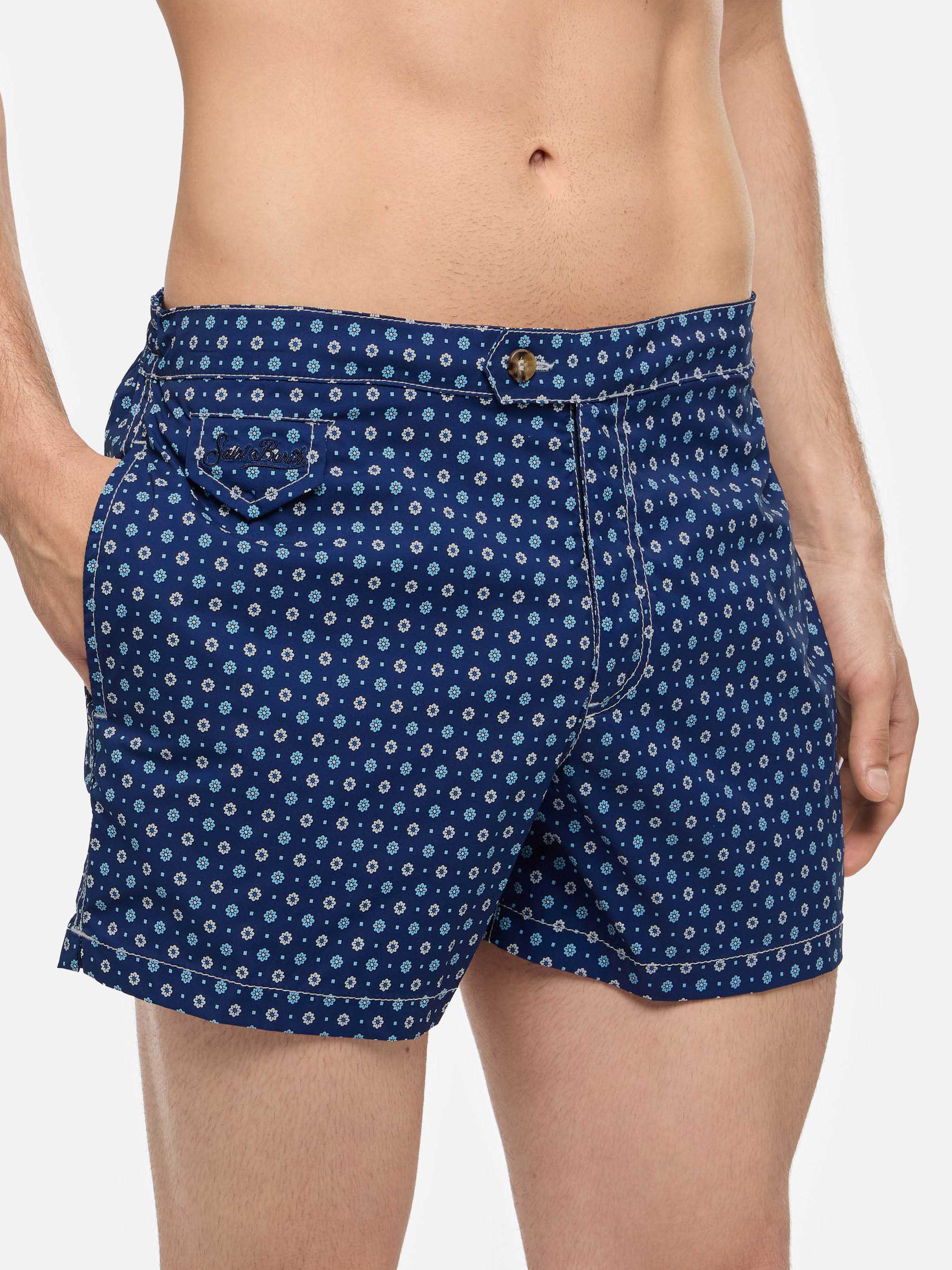 Harrys Fitted Cut Swim Shorts With Flower Tie Print Blue Navy Swimshort
