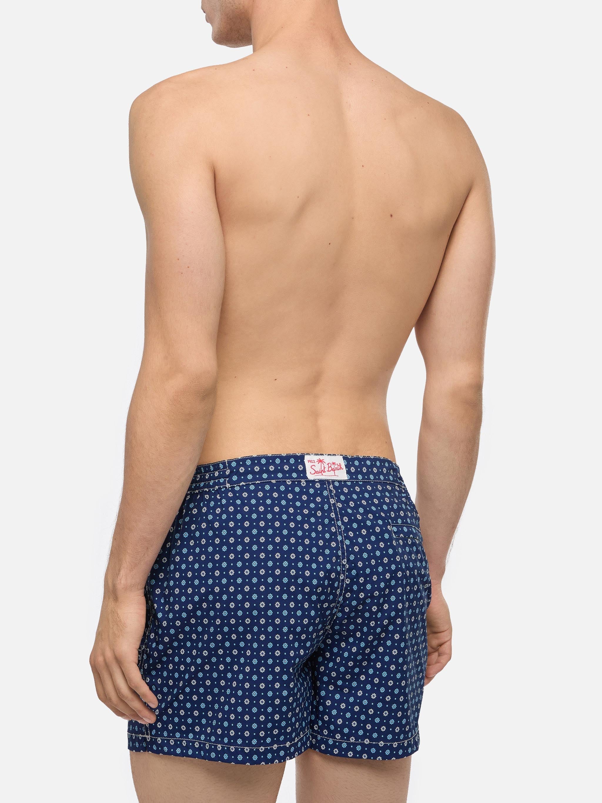 Harrys Fitted Cut Swim Shorts With Flower Tie Print Blue Navy Swimshort