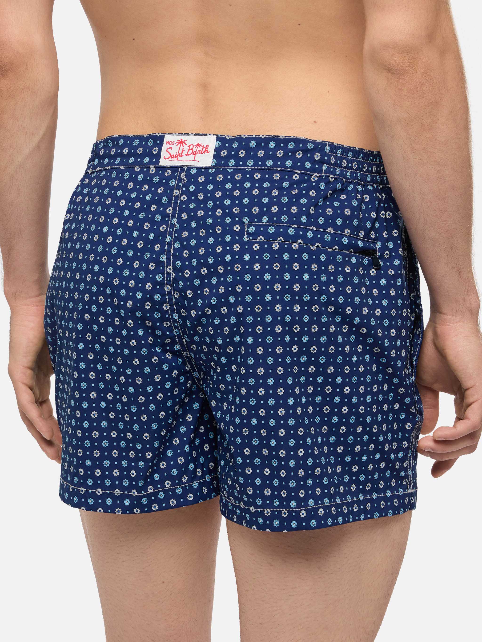 Harrys Fitted Cut Swim Shorts With Flower Tie Print Blue Navy Swimshort