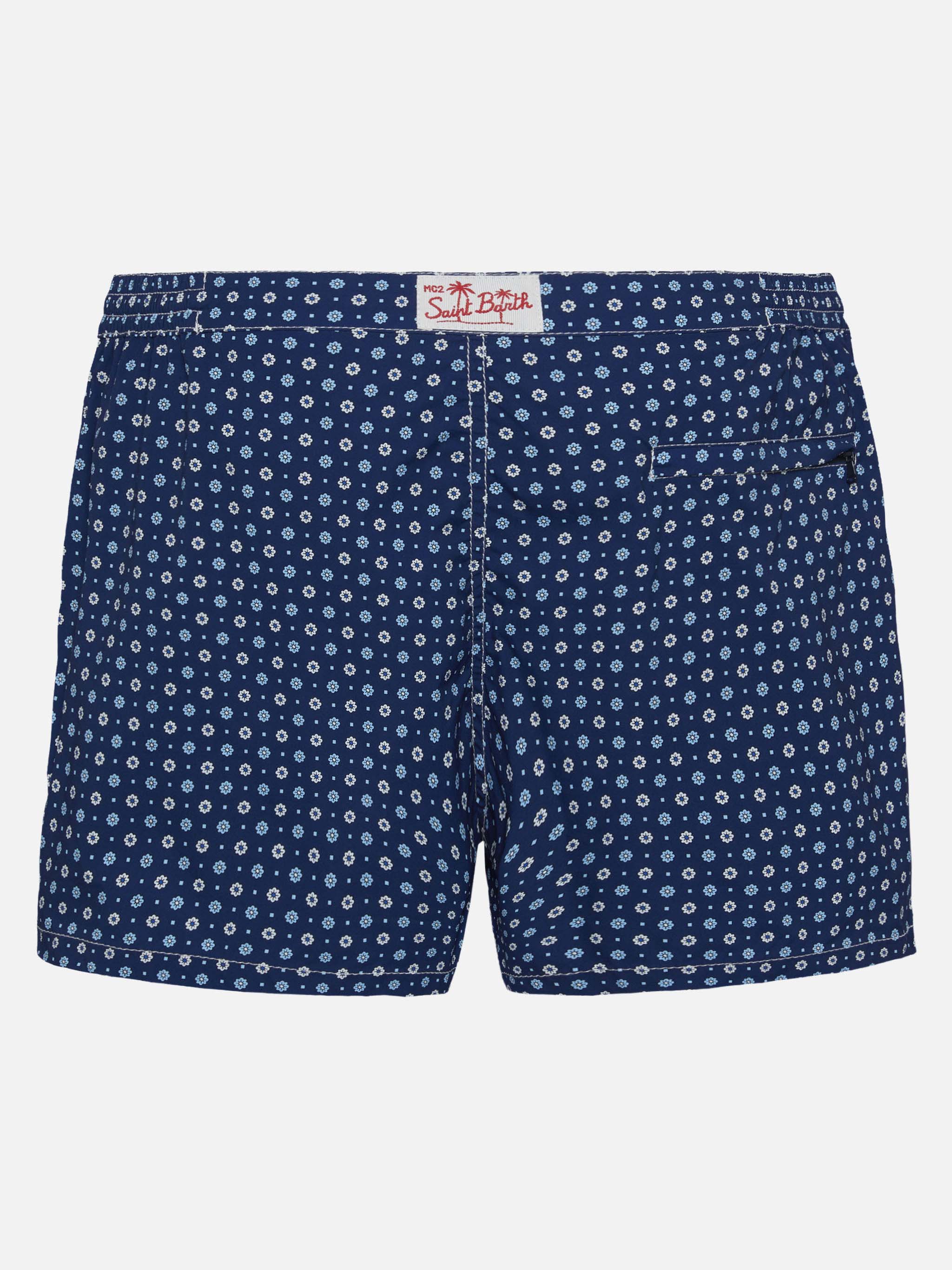 Harrys Fitted Cut Swim Shorts With Flower Tie Print Blue Navy Swimshort