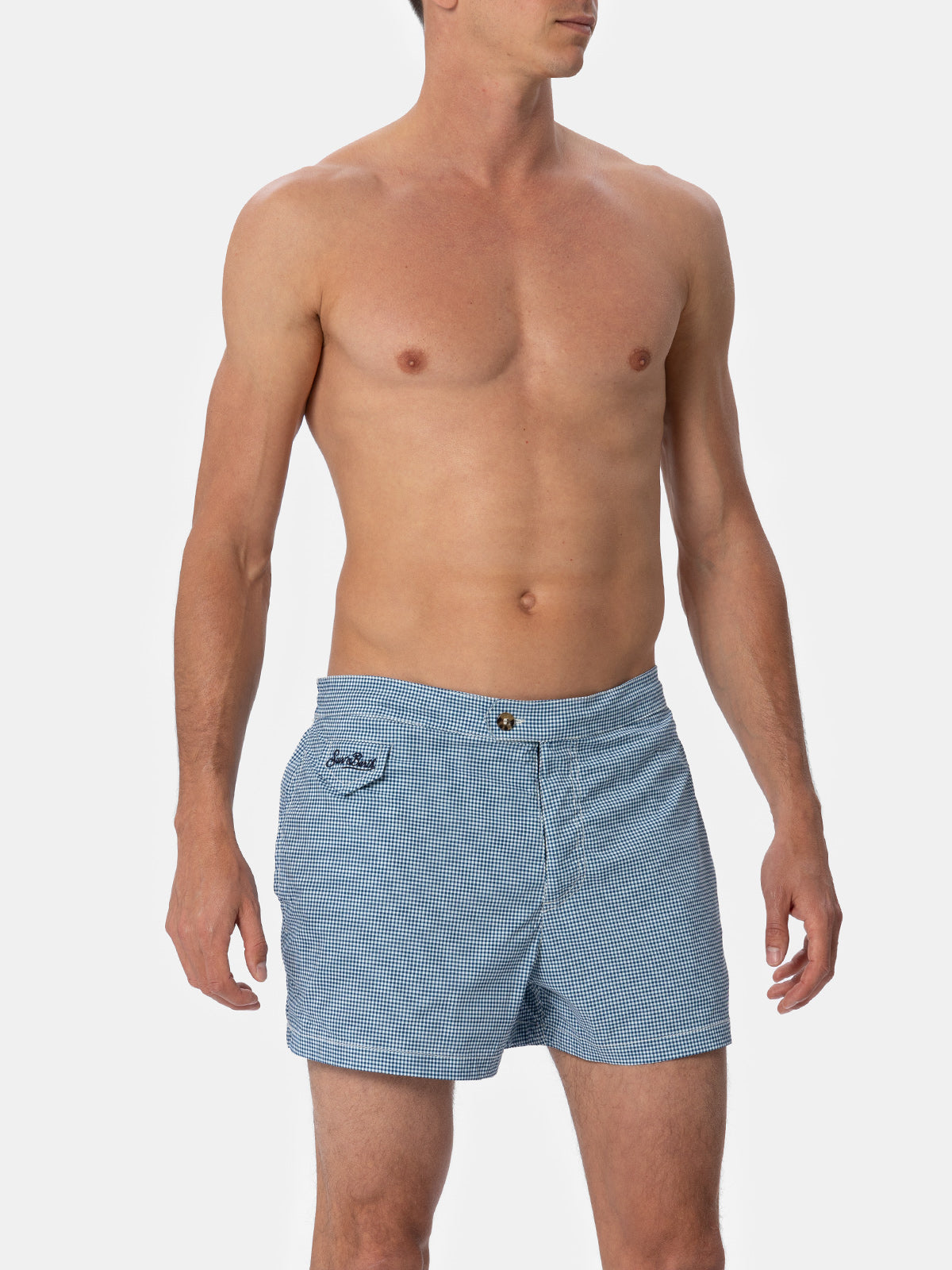 Man Fitted Cut Swim Shorts Harrys With Gingham Print Blue Swimshort