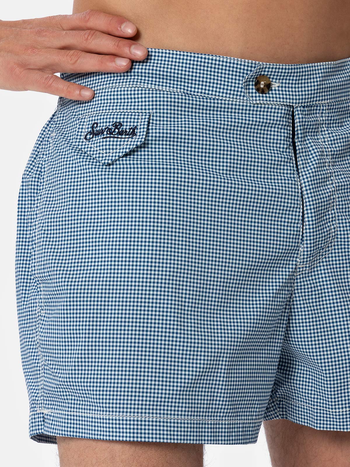 Man Fitted Cut Swim Shorts Harrys With Gingham Print Blue Swimshort