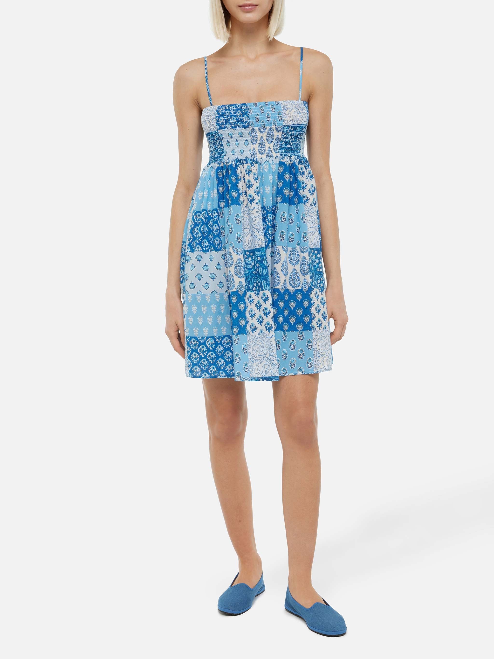 Hawa Cotton Dress With Smocked Embroidered Bodice Blue