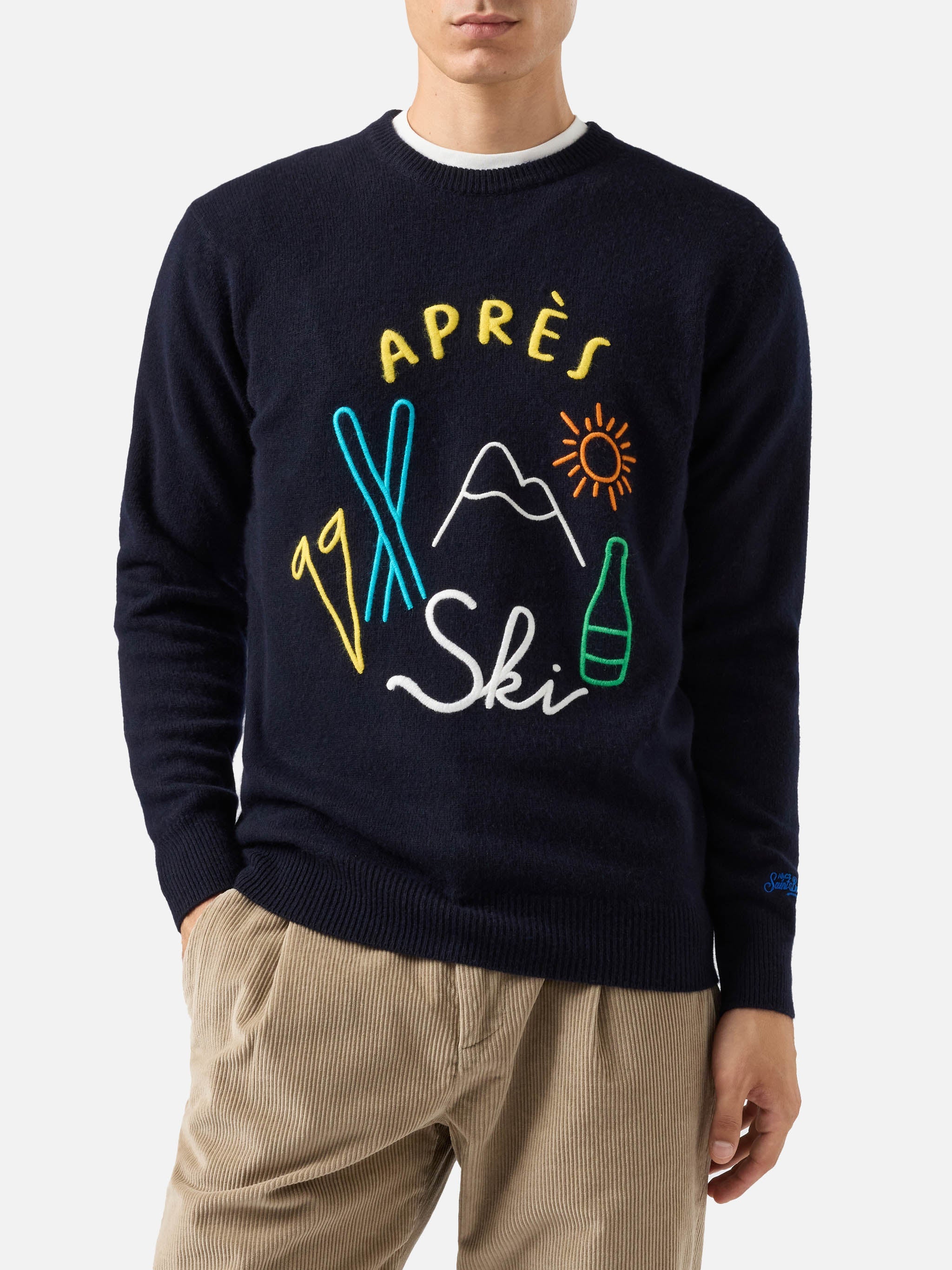 Blue Sweater Heron With Apres Ski Embroidery
