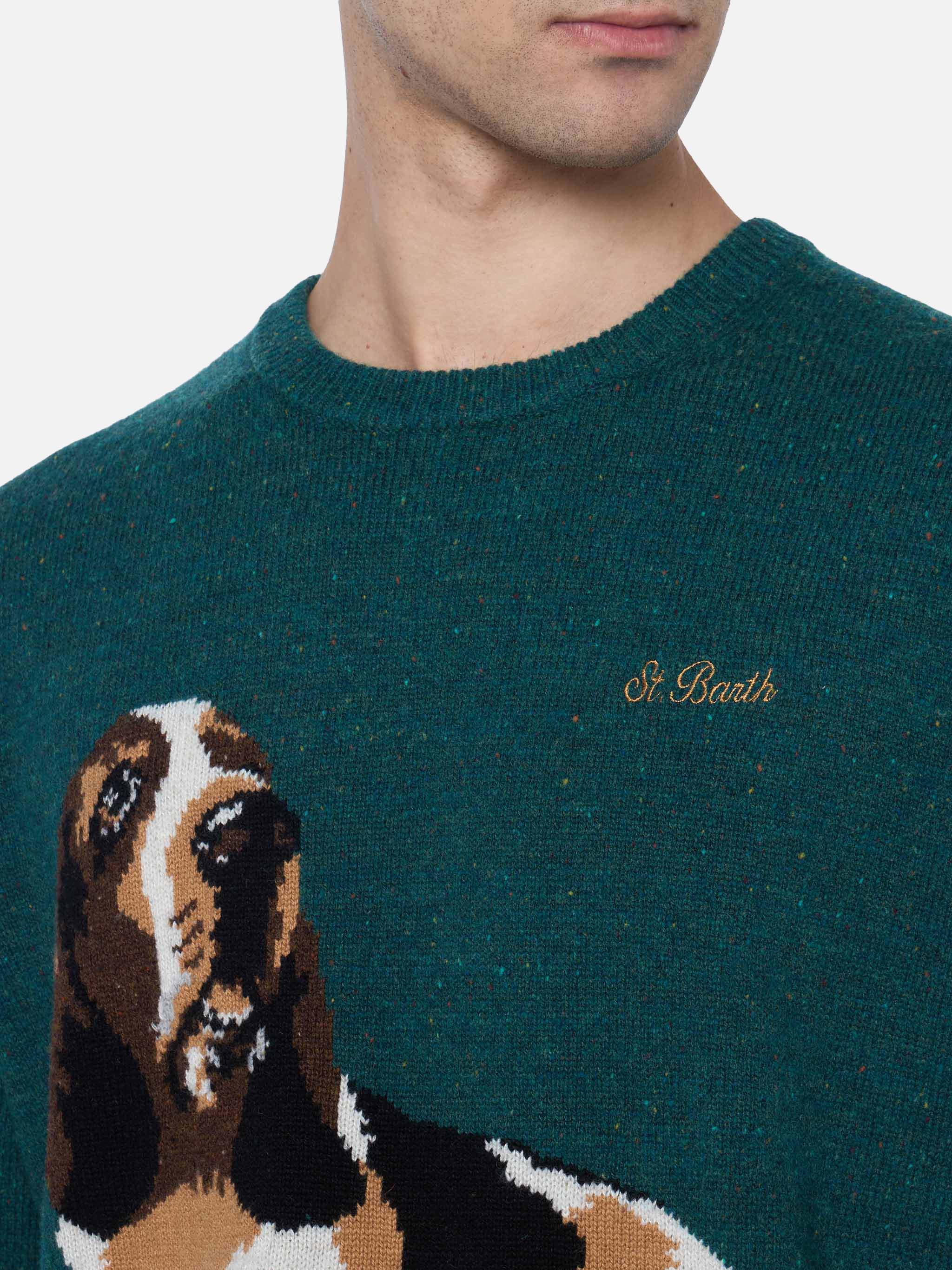 Crewneck Sweater Heron With Basset Hound Jacquard Green
