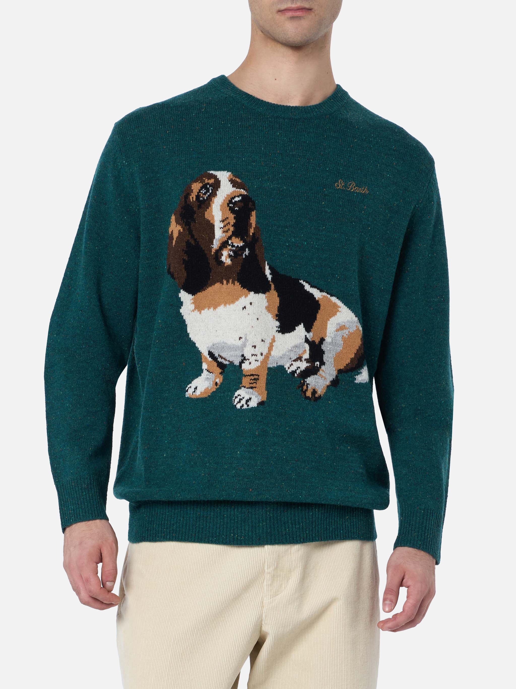 Crewneck Sweater Heron With Basset Hound Jacquard Green