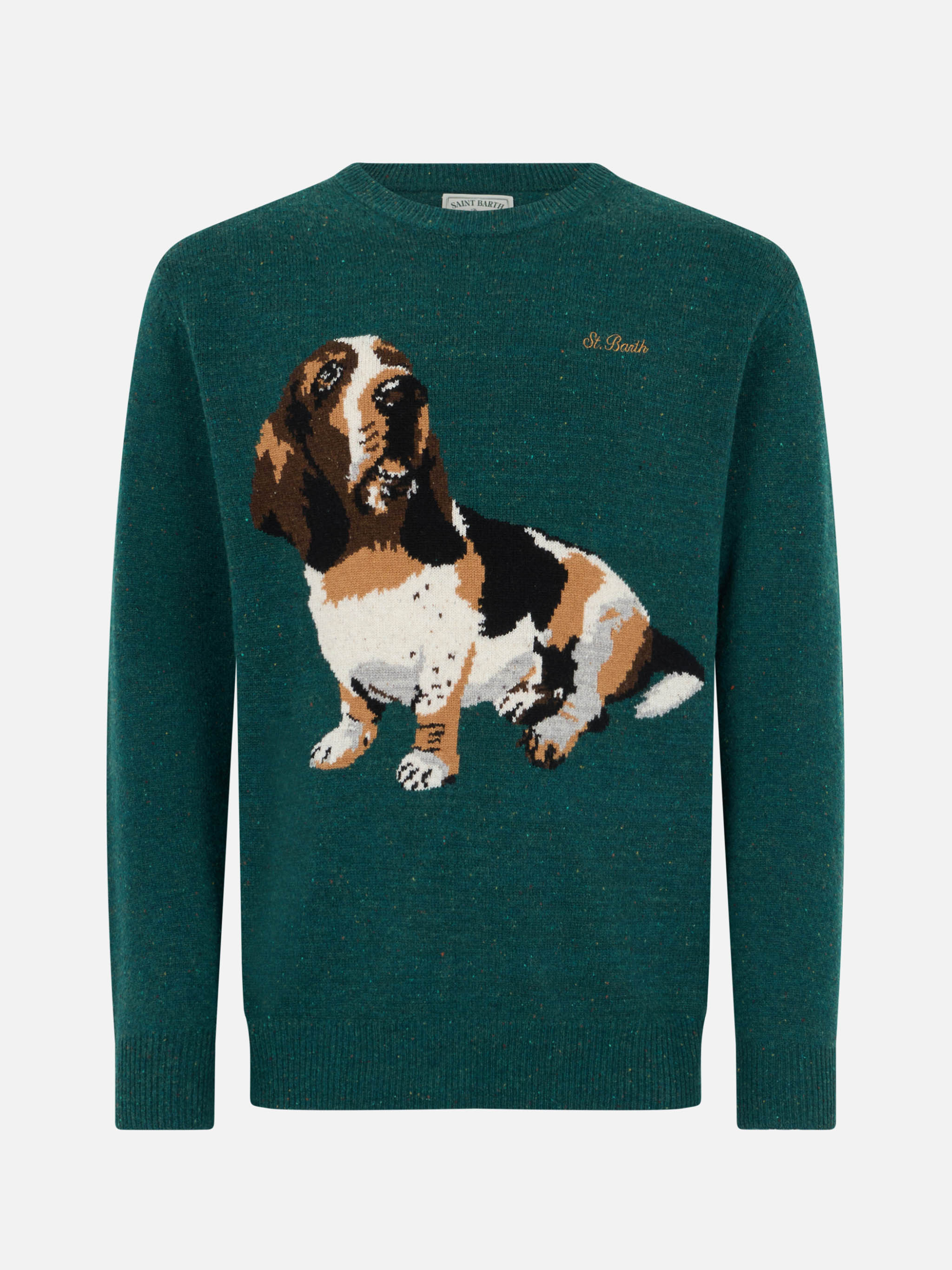 Crewneck Sweater Heron With Basset Hound Jacquard Green