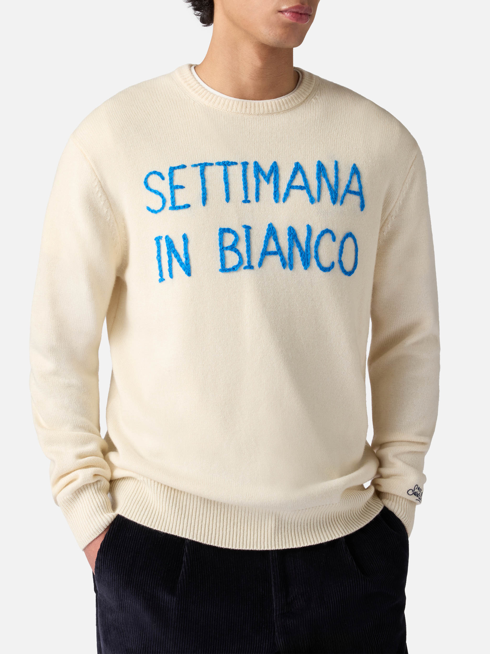 Man White Sweater With Settimana Bianco Embroidery