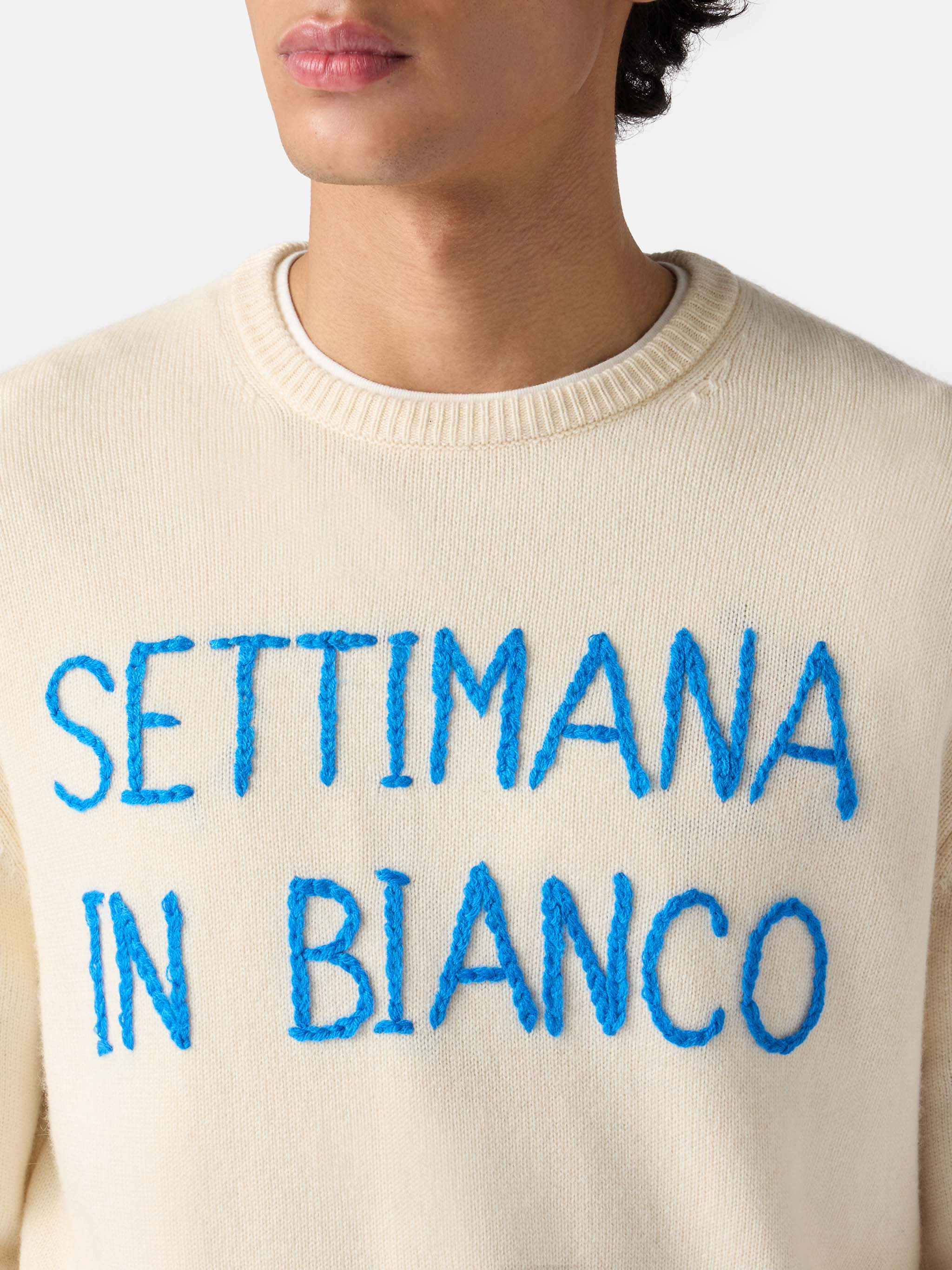 Man White Sweater With Settimana Bianco Embroidery