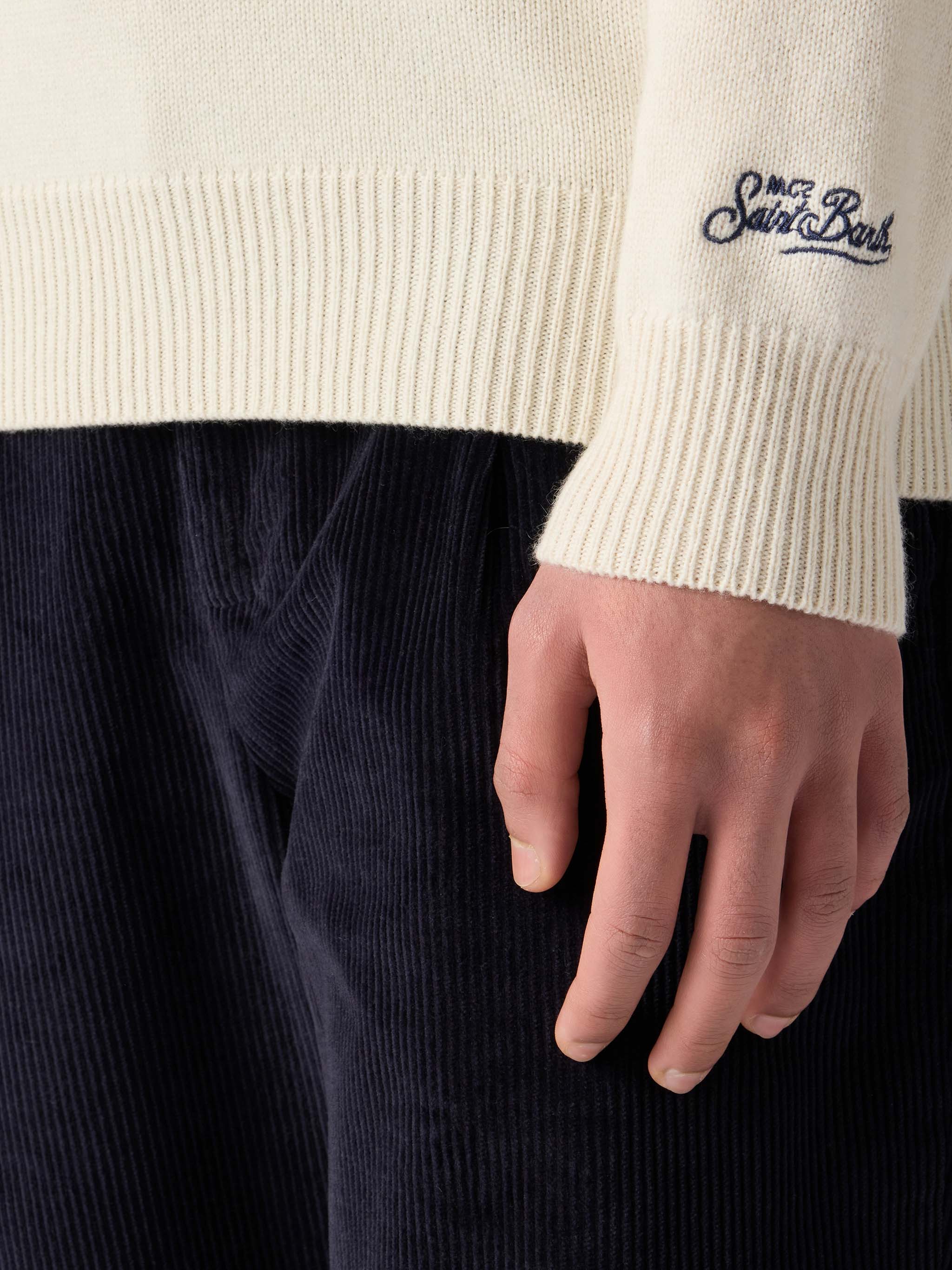 Man White Sweater With Settimana Bianco Embroidery