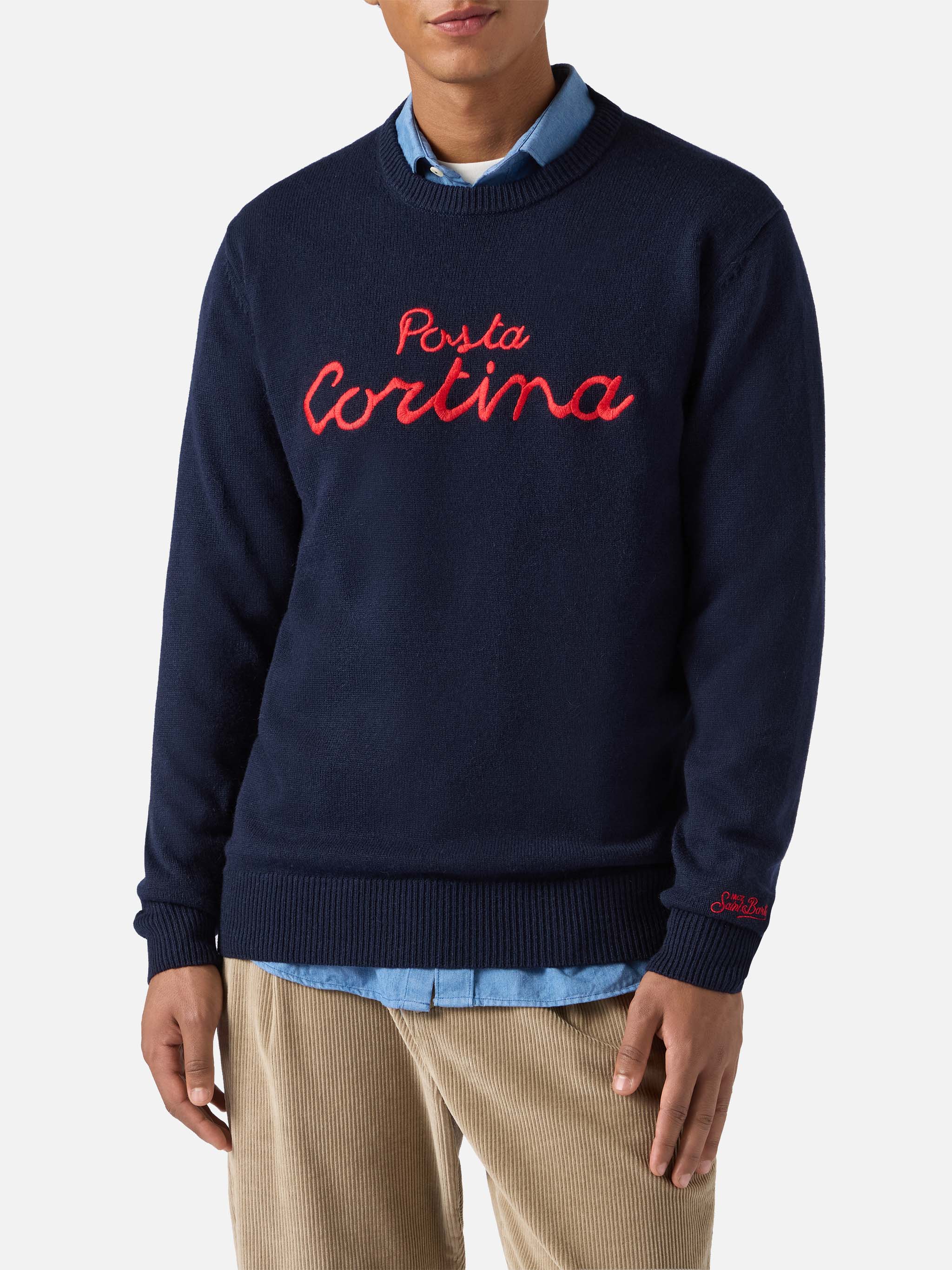 Blended Cashmere Sweater Heron With Posta Cortina Embroidery Blue