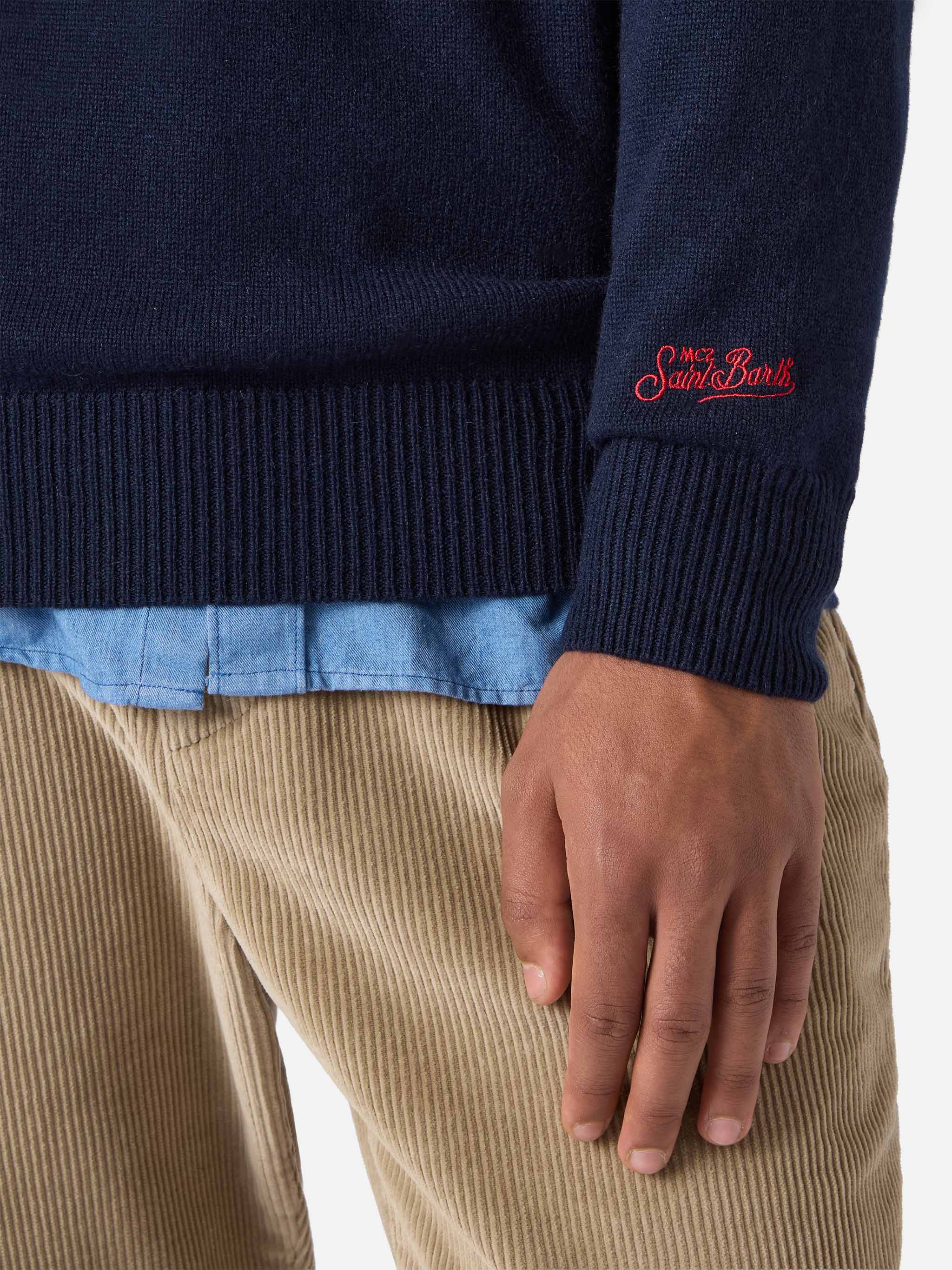 Blended Cashmere Sweater Heron With Posta Cortina Embroidery Blue