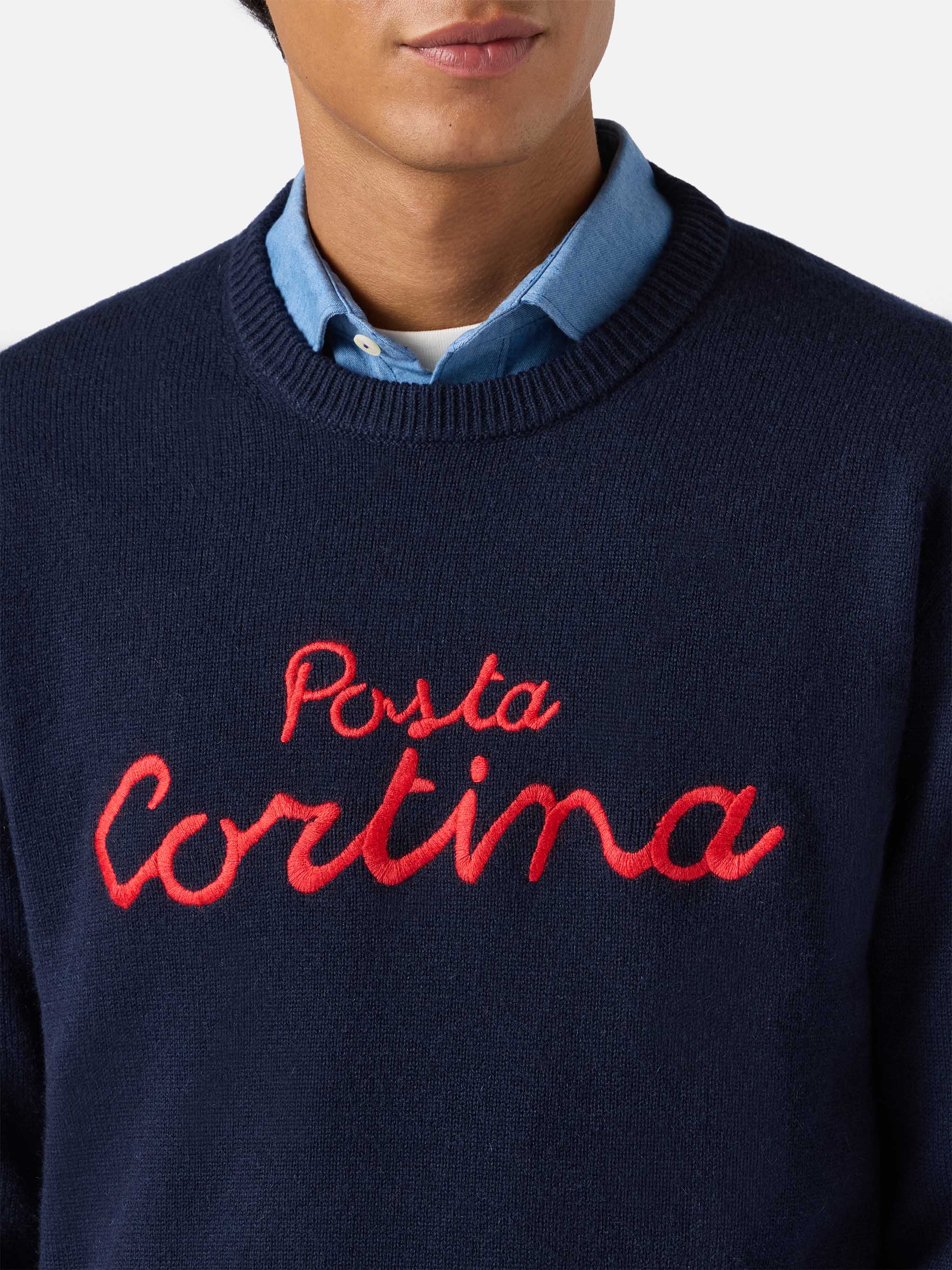 Blended Cashmere Sweater Heron With Posta Cortina Embroidery Blue
