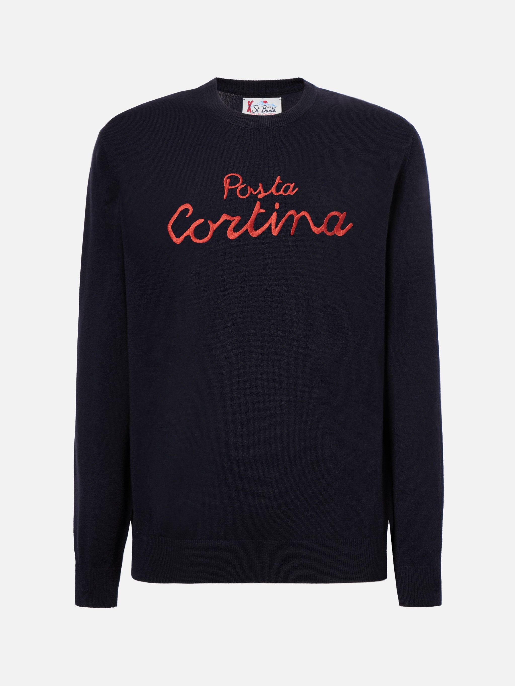 Blended Cashmere Sweater Heron With Posta Cortina Embroidery Blue