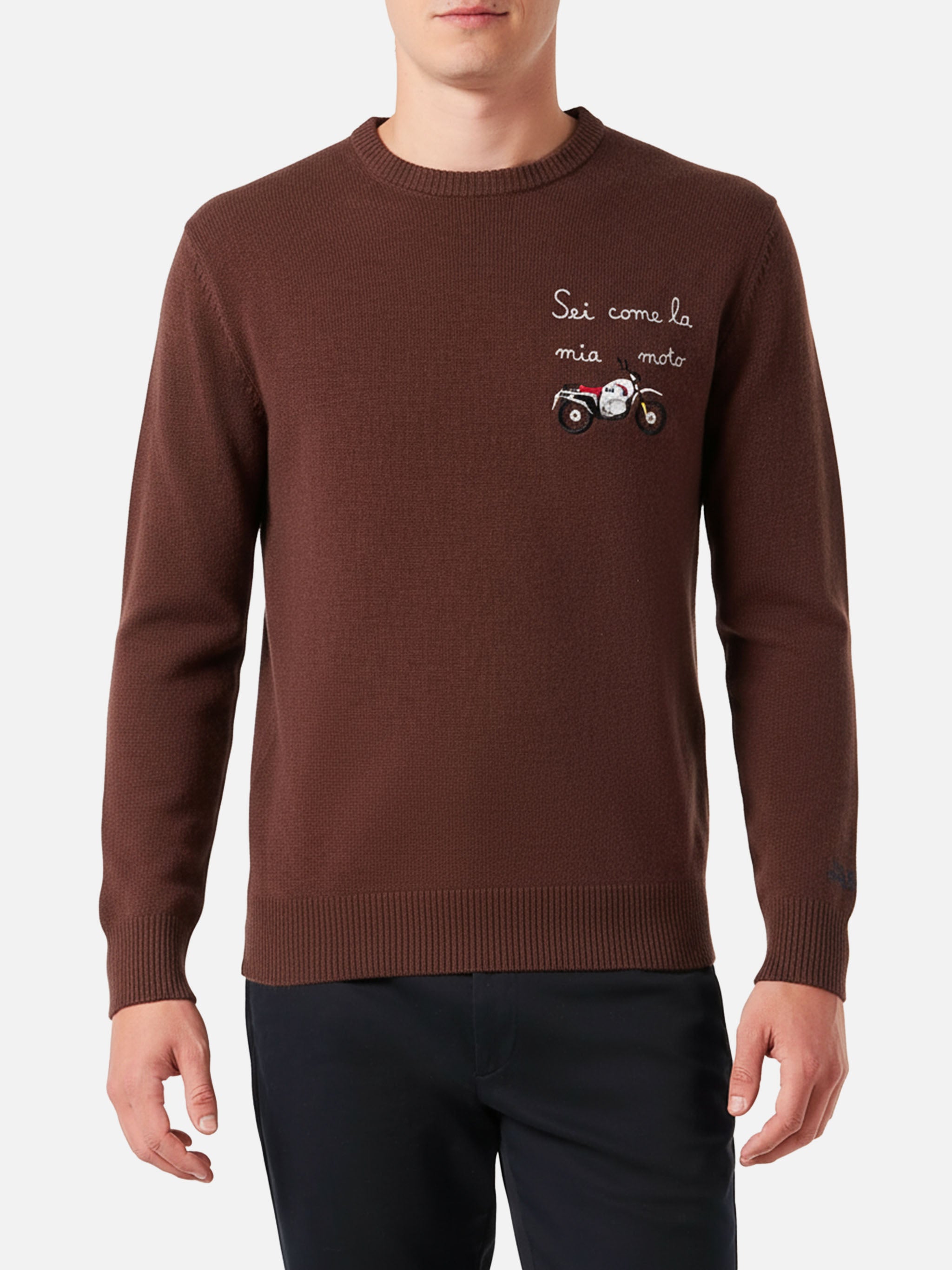Man Crewneck Sweater With Sei Come La Mia Moto Embroidery Brown
