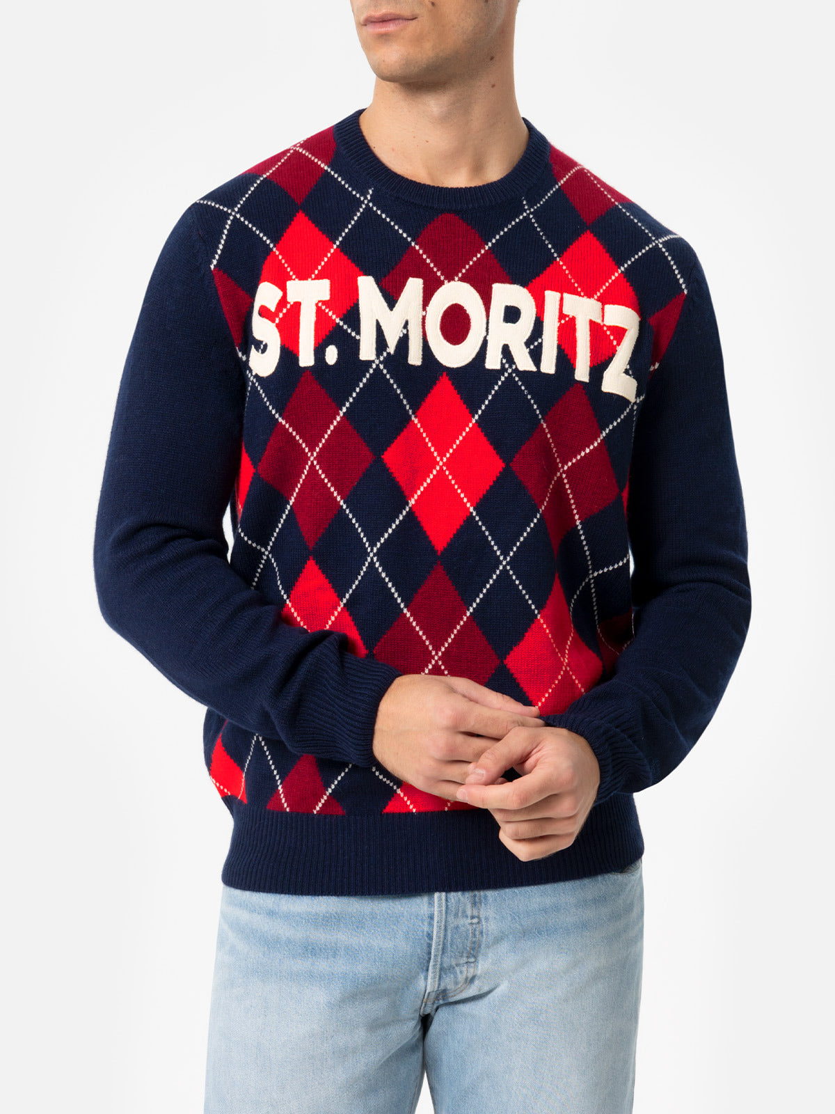 Crewneck Sweater Heron With Argyle St. Moritz Jacquard Blue