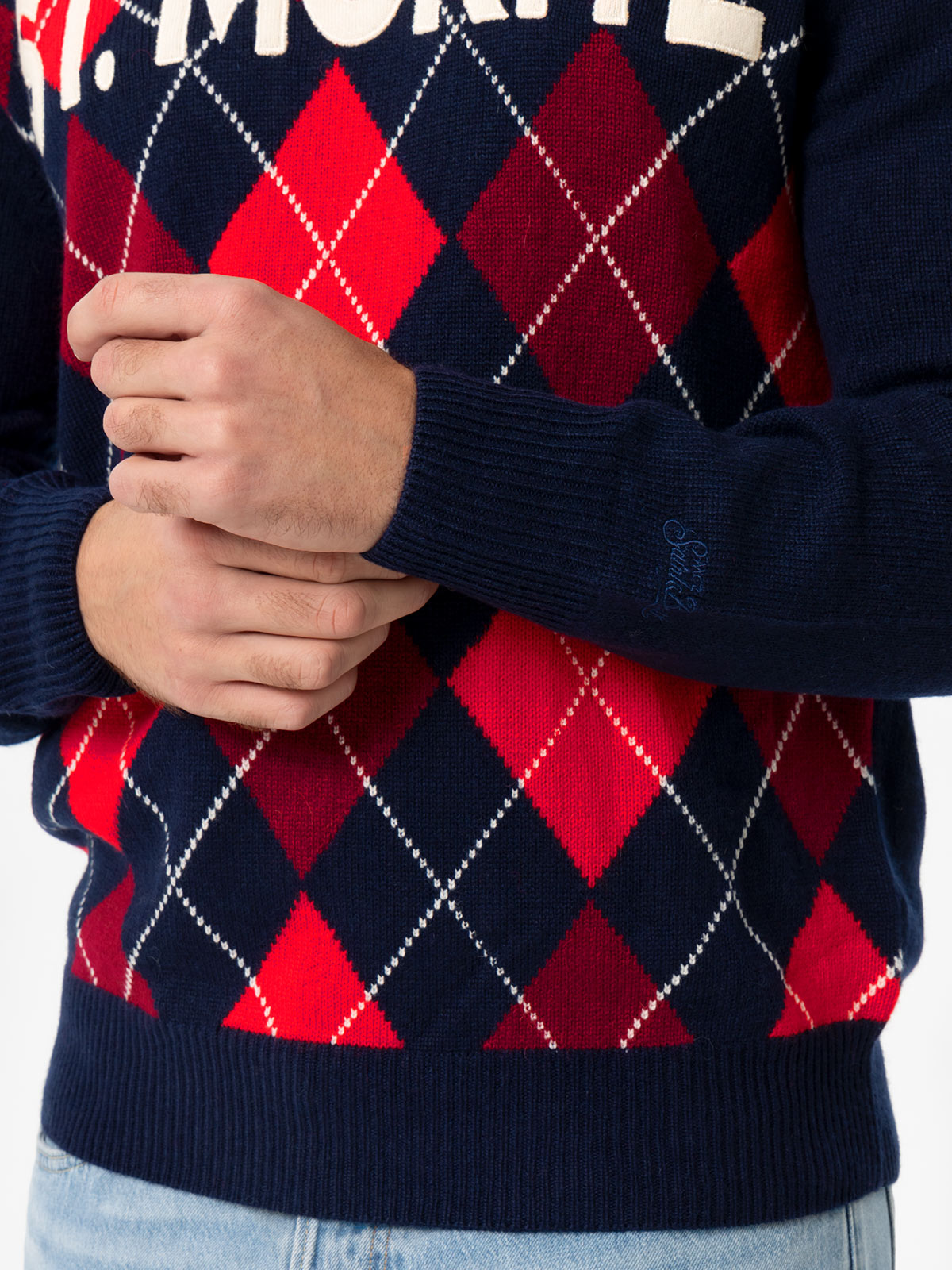 Crewneck Sweater Heron With Argyle St. Moritz Jacquard Blue