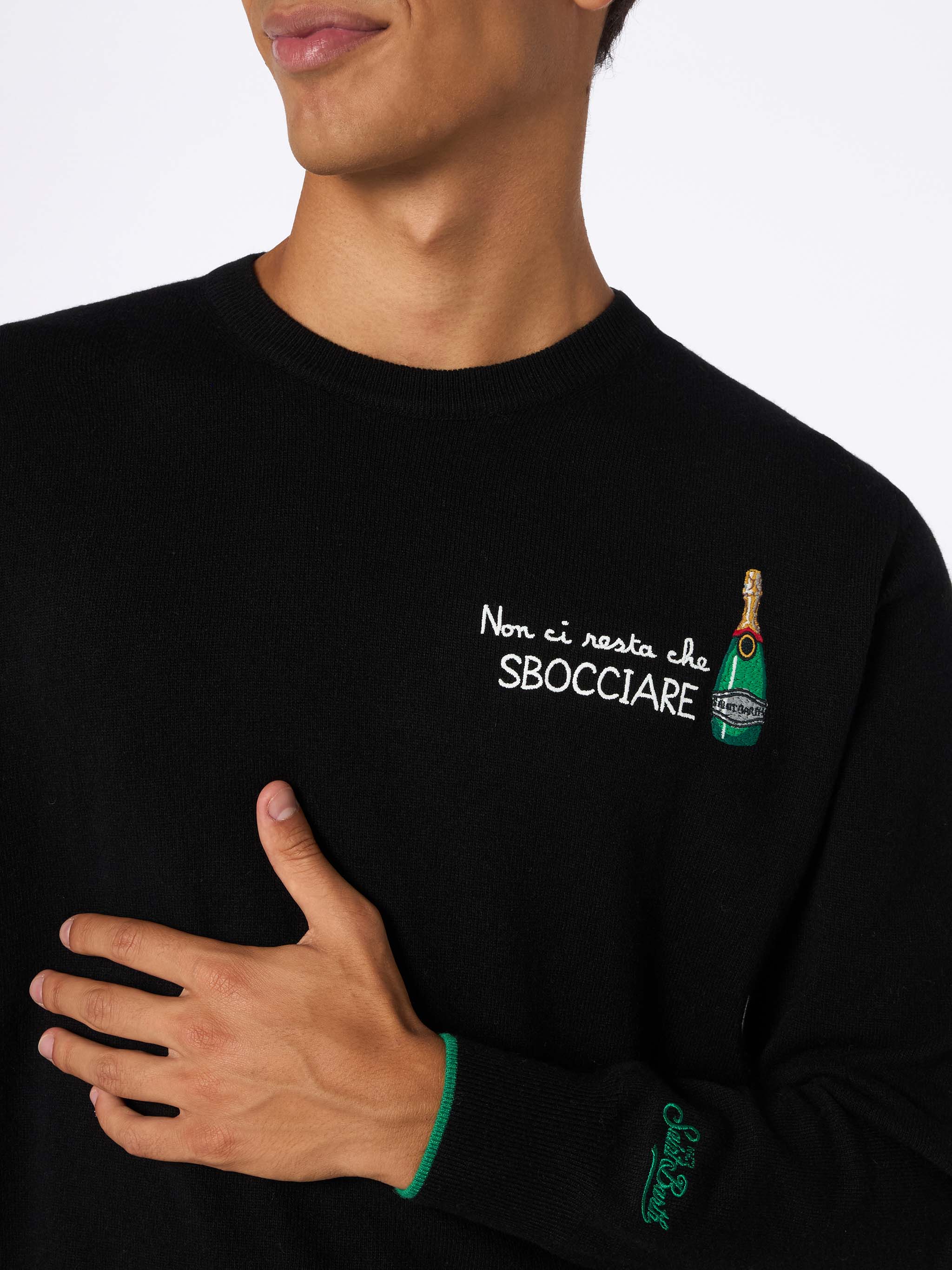 Crewneck Sweater Heron With Non Ci Resta Che Sbocciare Embroidery Black